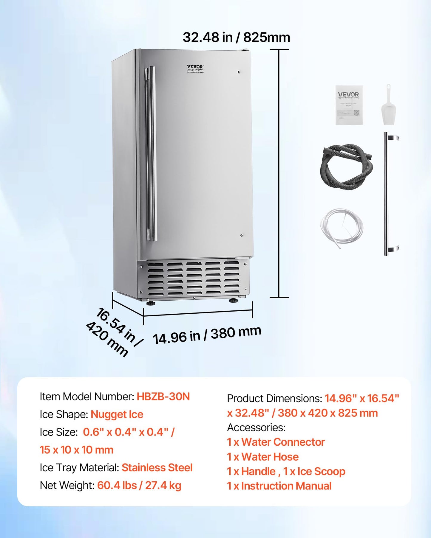 VEVOR Undercounter Built-in Ice Maker, 66 Lbs/Day Under Counter Nugget Ice Maker Machine with Reversible Door, Stainless Steel Freestanding Ice Maker for Commercial Home Kitchen, Electric Drainage