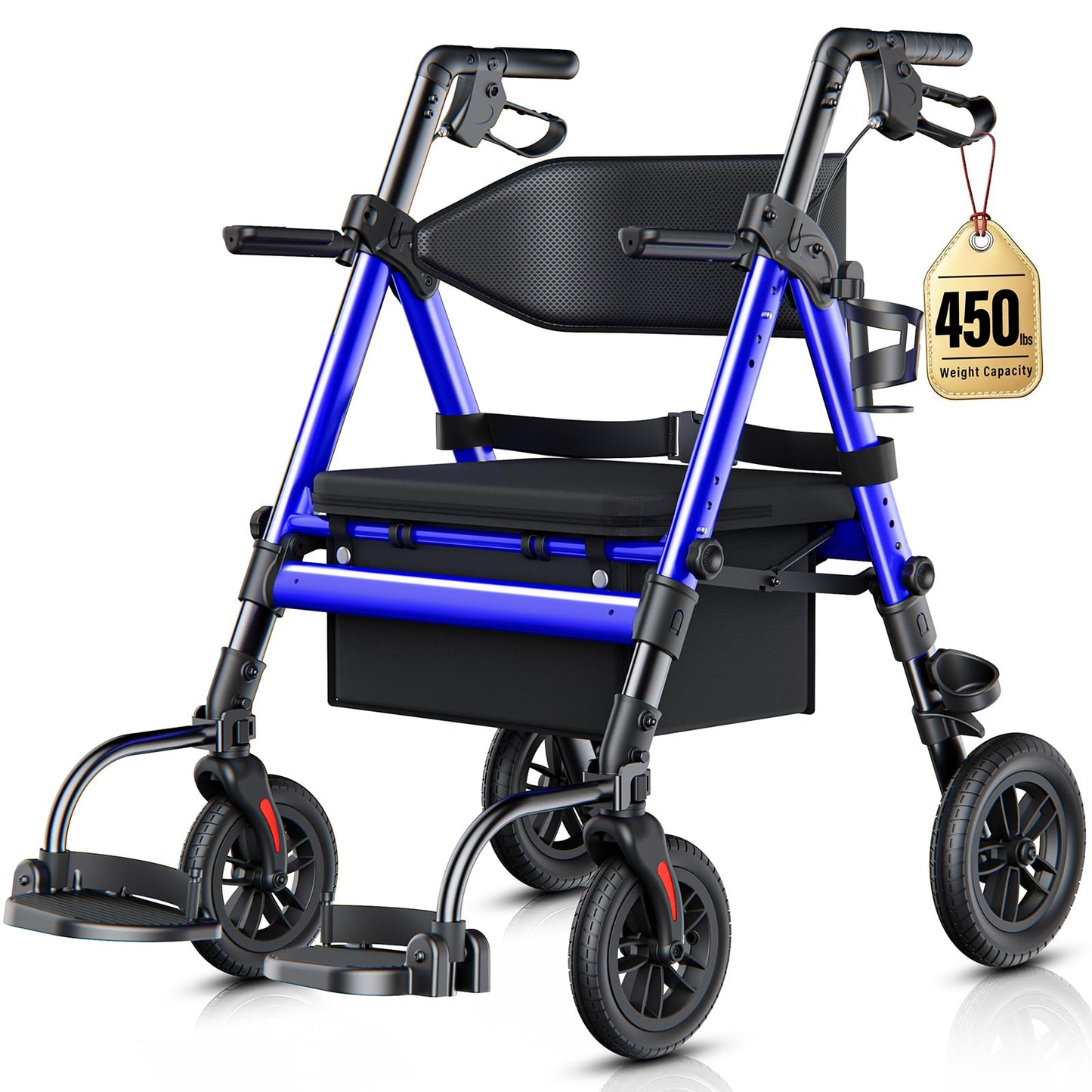 StrollAid Walkers for Seniors 2 in 1 Wheelchair Combo, 450 lb Foldable Rollator Transport Chair with Seat, Heavy Duty Rolling Walker 10" Wheels for All Terrain, Blue
