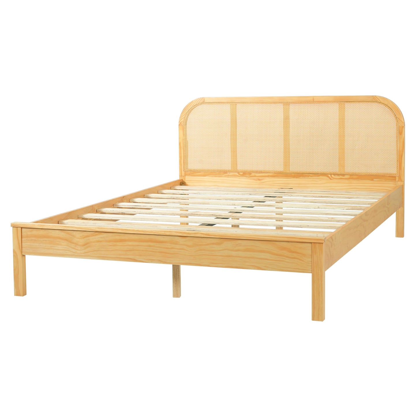 Merax Queen Size Natural Wood Bed Frame with Rattan Headboard, Boho Style Platform Bed Frame with Sturdy Solid Slats Support, No Box Spring Needed, 800lbs Capacity, Noise-Free, Easy Assembly