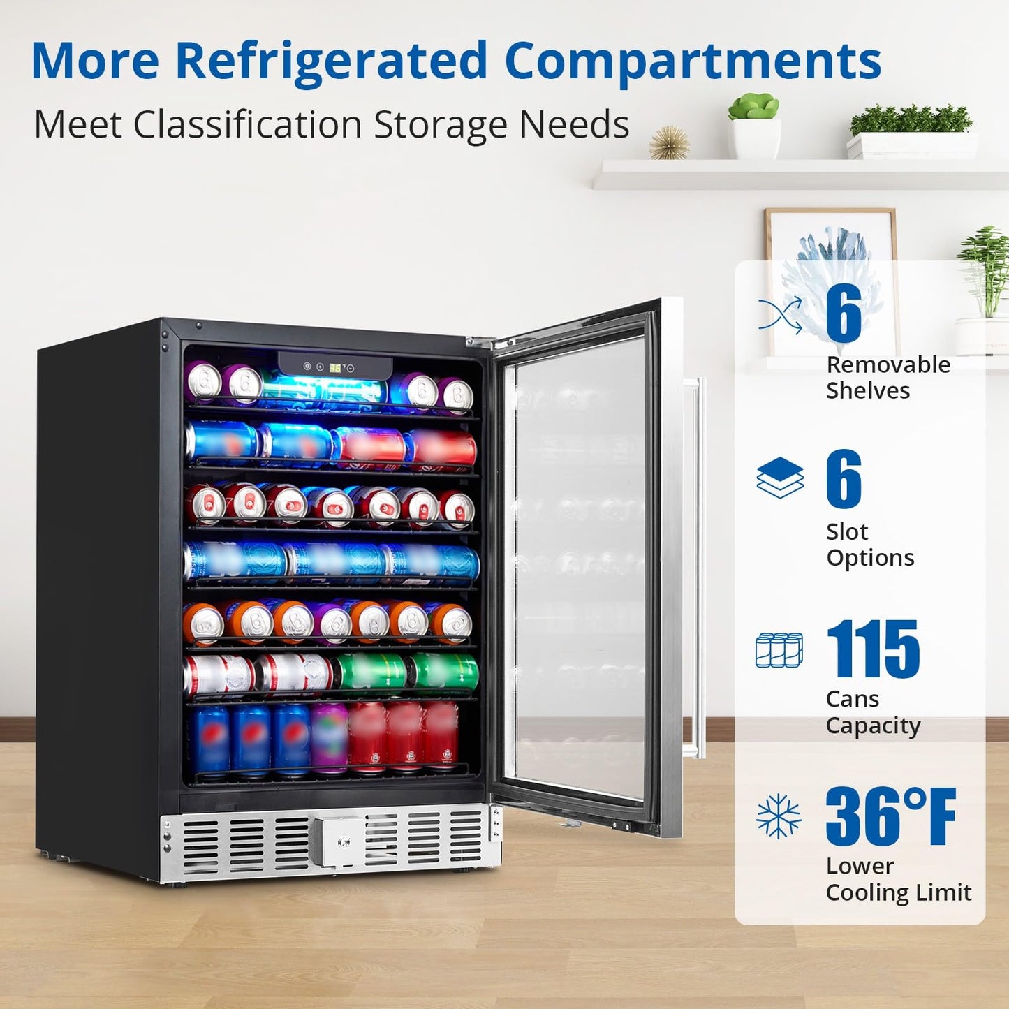 GarveeHome 24 in Beverage Refrigerator, 5.1 Cu.Ft Beverage Fridge, 166 Cans Capacity Drink Fridge with 36～60°F Adjustable Digital Temperature Control Compressor and Safety Lock