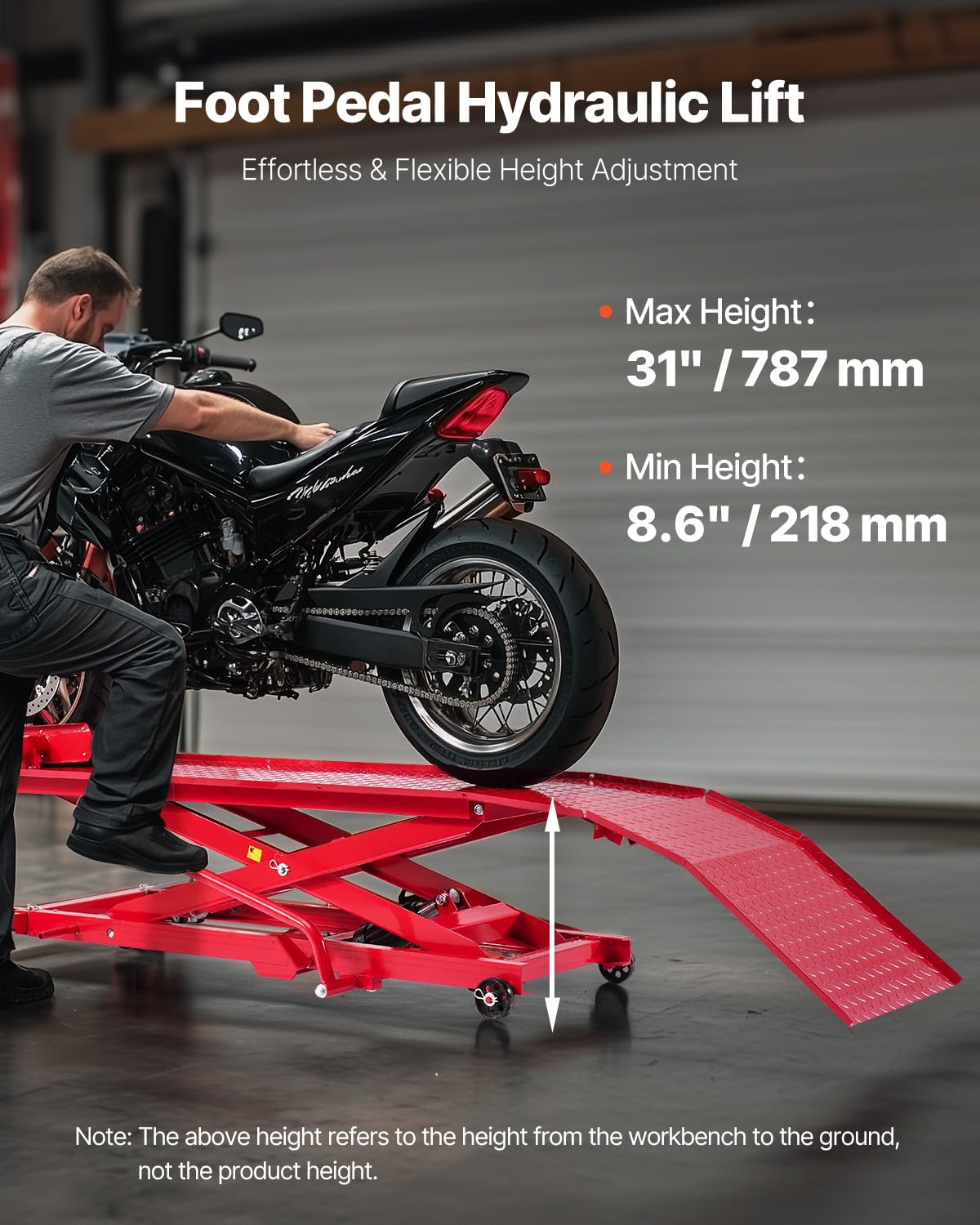 VEVOR Motorcycle Lift Table, 1000lbs Weight Capacity, 360° Flexible Moving Motorcycle Jack Stand, 8.6-31 in Height Range, Heavy Duty Bike Repair Stand with Security Lock for ATVs, Dirt Bike