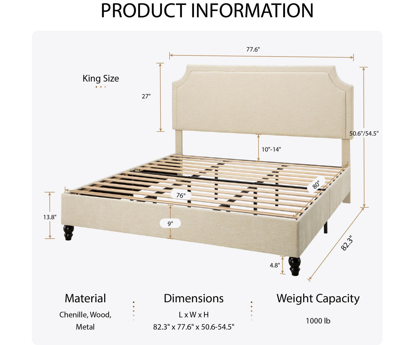 SHA CERLIN King Size Upholstered Platform Bed Frame, 50.6"-54.5" Tall Adjustable Minimalist Chenille Headboard, Strong Support, Noise-Free, No Box Spring Required, Beige