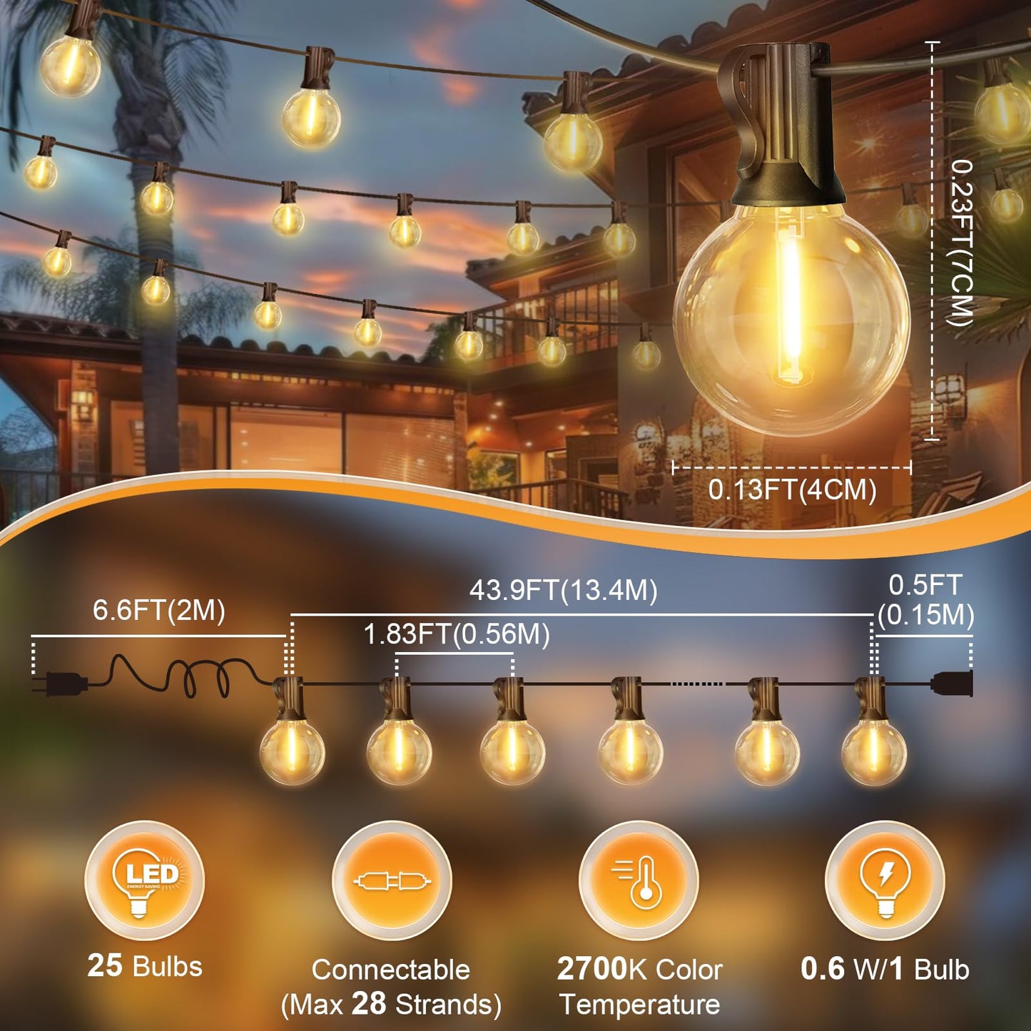 LAMPHOME LED Outdoor String Light, 51FT with 25 Shatterproof Bulbs, Warm White, Connectable & Dimmable, Model MYHOC7-025(0.6