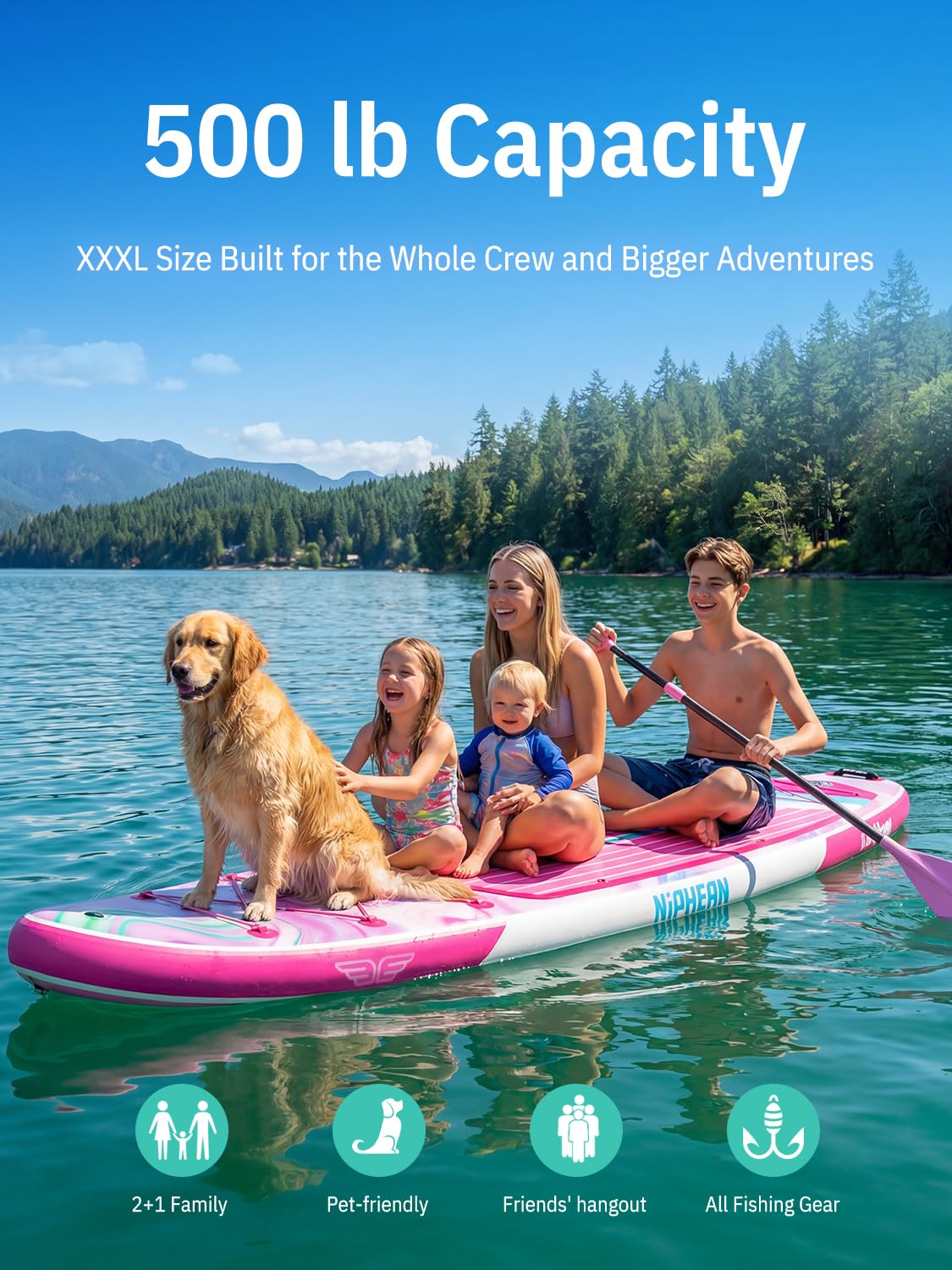 Niphean (Extra Large) Inflatable Paddle Board, SUP for 2+1 People/Family 500lbs Capacity Stand Up Paddle Board with SUP Accessories, StabilTrac Fin Non-Slip Paddleboard for Adults-Rose Red