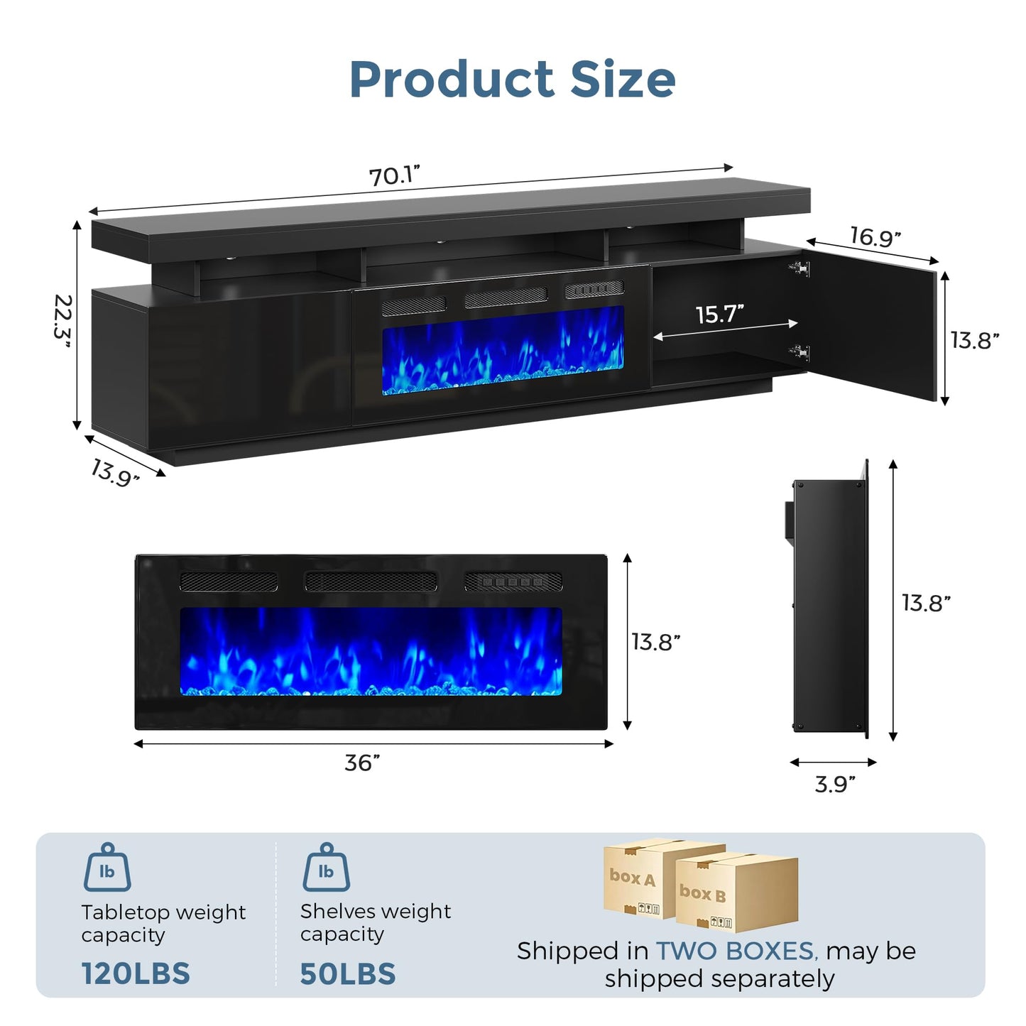 70" Floating Fireplace TV Stand with 36" Crystal Electric Fireplace, LED Entertainment Center for TVs up to 80", Modern Media Console with Mirrored Storage Cabinets for Living Room, Black TV Console