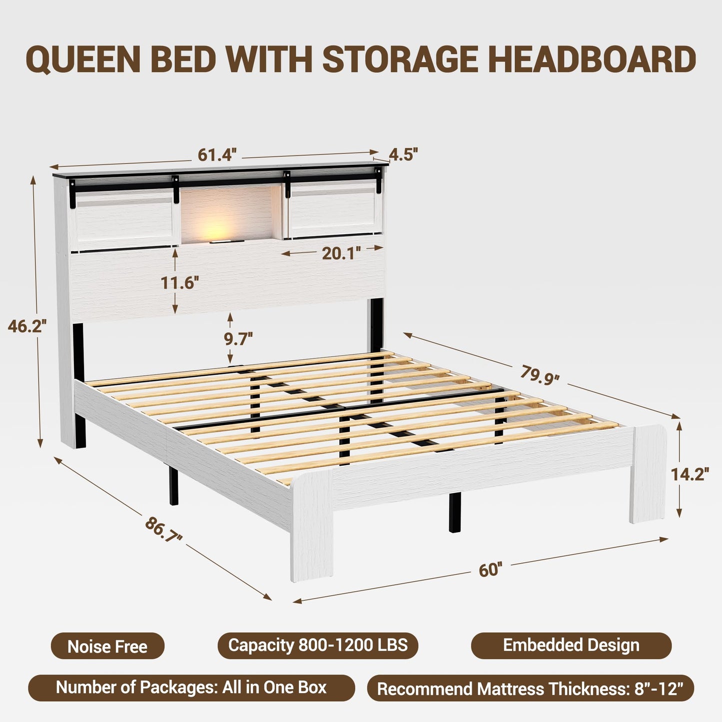 DNYN Farmhouse Platform Bed Frame with Storage Headboard and Dual USB Ports