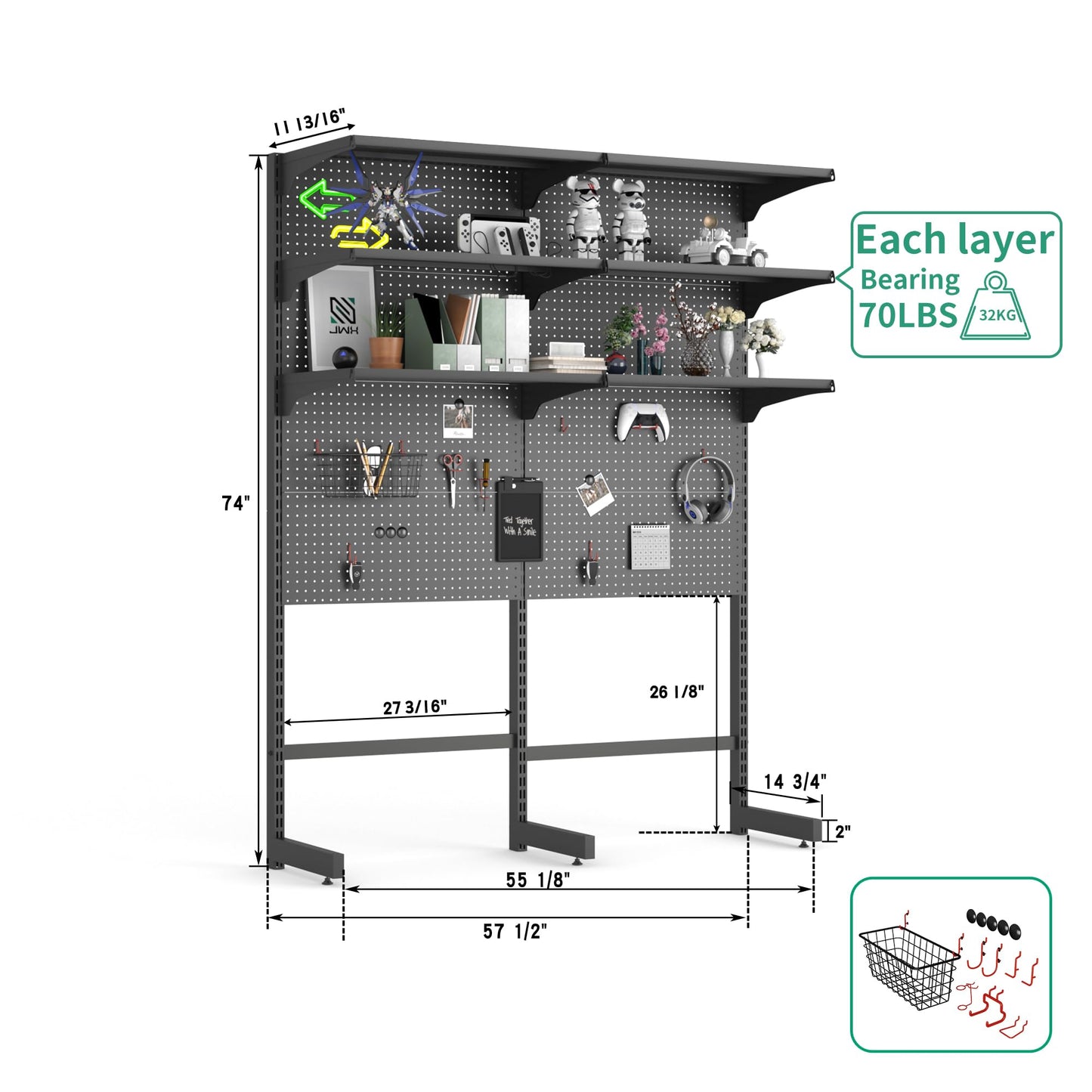 JWX DDB Gaming Pegboard Standing Shelf Units, Modular Pegboard and Shelf System with 15 Pieces Organizer Tool Holders