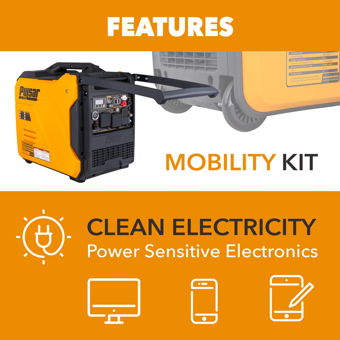 Pulsar 6000 Watt Portable Inverter Generator, Dual Fuel Gasoline & Propane, Remote Electric Start, CO Sensor, Parallel Capable, Super Quiet, Use for RV, Camping, Outdoor & Home, NEX60BiSRCO