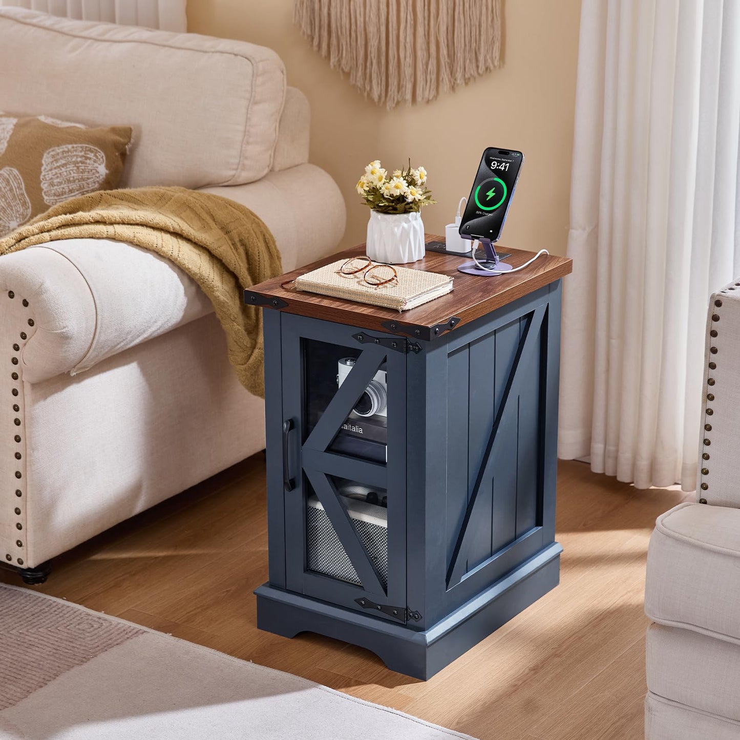 Joaxswe End Tables Living Room Set 3 with Charger Station, Farmhouse 18'' Narrow Night Stand and 24" Square Side Table with Glass Barn Door Storage, Wood Nightstand Bedside Tables for Bedroom Office ﻿