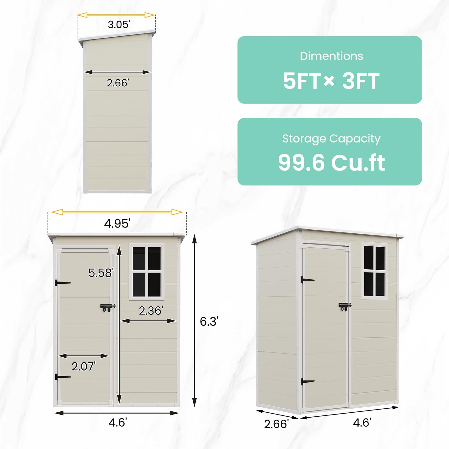 UDPATIO Outdoor Storage Shed 5x3 FT, Garden Resin Shed for Bike, Garbage Can, Tools, Outside Plastic Sheds with Floor for Backyard, Patio, Lawn, Sandstone