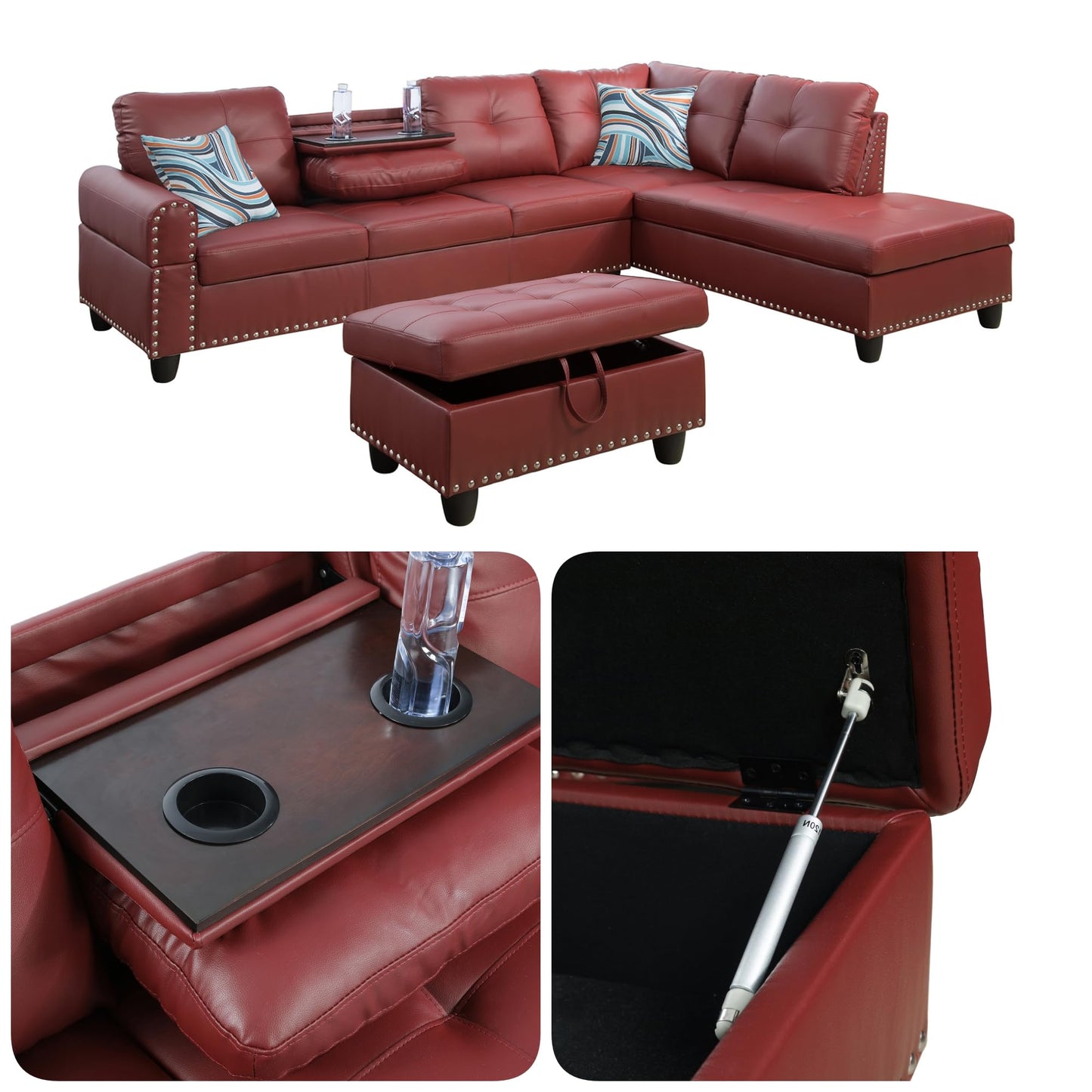 Topcomfy 97.5" L Shaped Couch Set, Modular Sectional Couches for Living Room with Storage Ottoman, 4 Seat Home Sofa Living Room Furniture Sets with Chaise for Apartment Office (Faux Leather, Red)