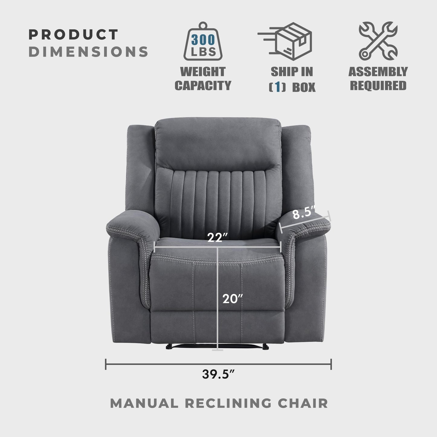 Lexicon Manual Recliner Chair, Polished Microfiber Reclining Sofa Chair, Home Theater Seating, Wall Hugger Manual Recliner for Living Room/Office/Apartment, Gray