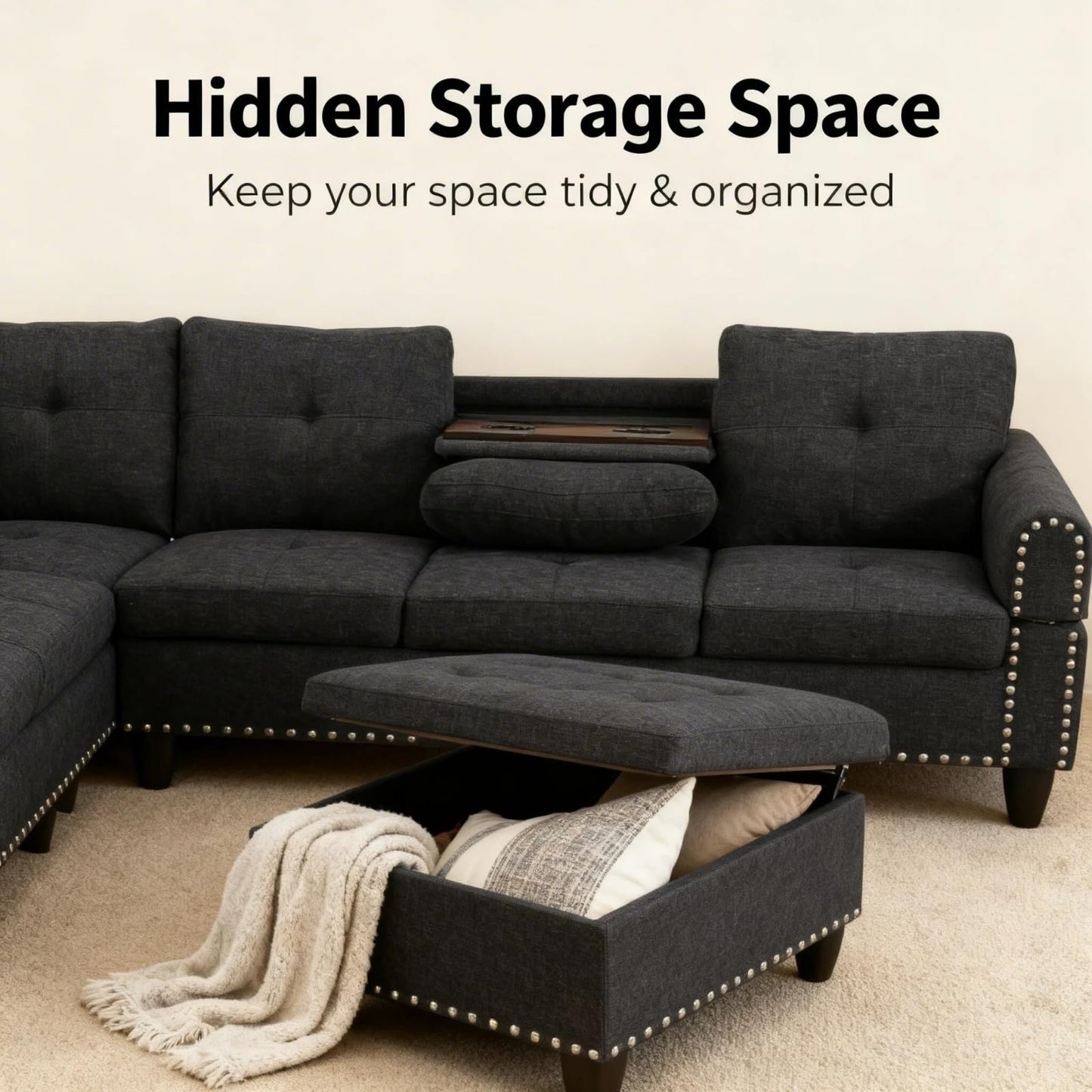 Trygoal 97.5 inch L-Shape Sofa with Storage Ottoman & Reversible Coffee Table, Linen Sectional Couch with Left Chaise, Modern 3-Piece Sofa Set, Upholstered Couch Set with Solid Wood Frame, Black Grey