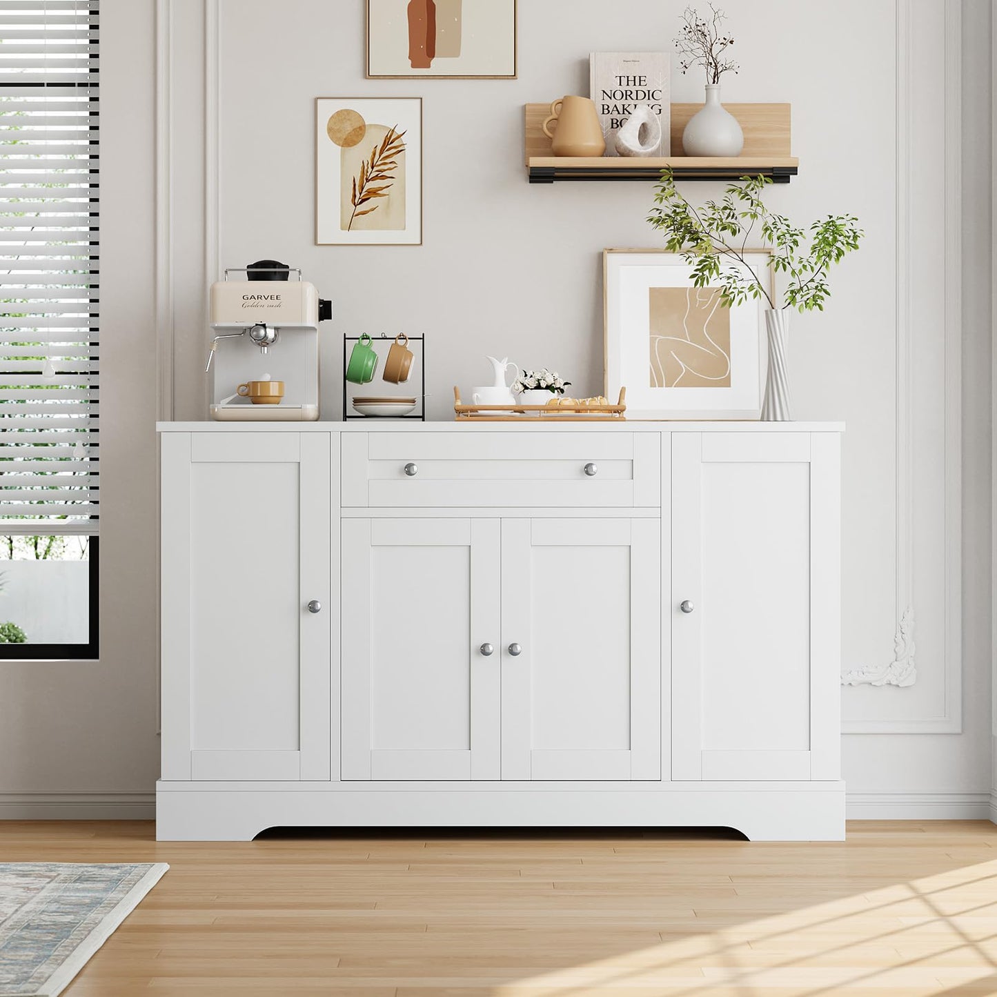 MegaChoice Modern Sideboard Buffet Cabinet with Storage, 55 in Wood Coffee Bar Cabinet with Drawer, Shelves & Door Shelves, Buffet Table Credenzas for Kitchen Dining Room Living Room, White