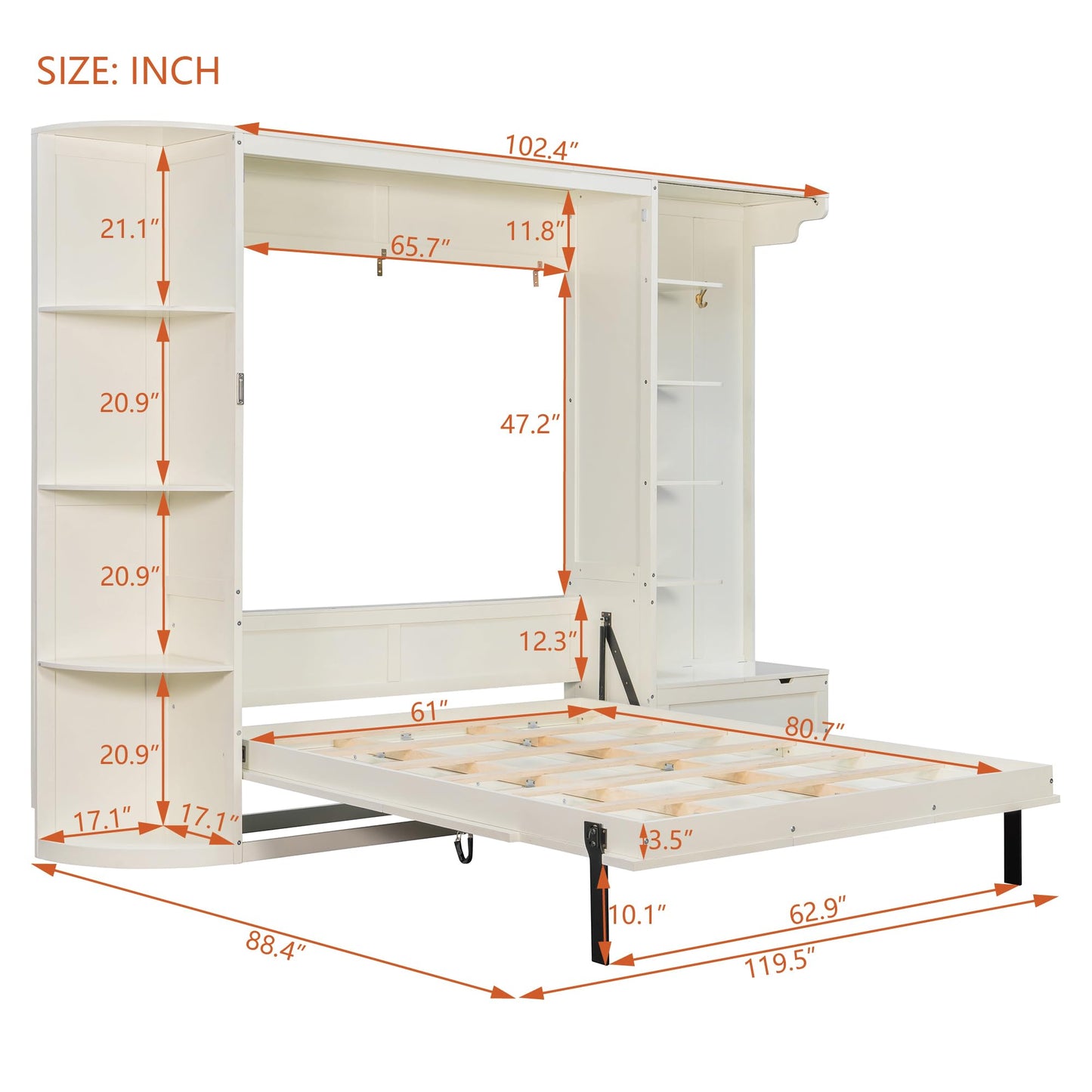 Merax Queen Size Murphy Bed with Storage and Lights, Hidden Fold-Out Legs, Foldable Murphy Cabinet Bed with Hook, Built-in Shelves & Cabinets, Wood Space-Saving Wall Bed for Guest Room Office, White