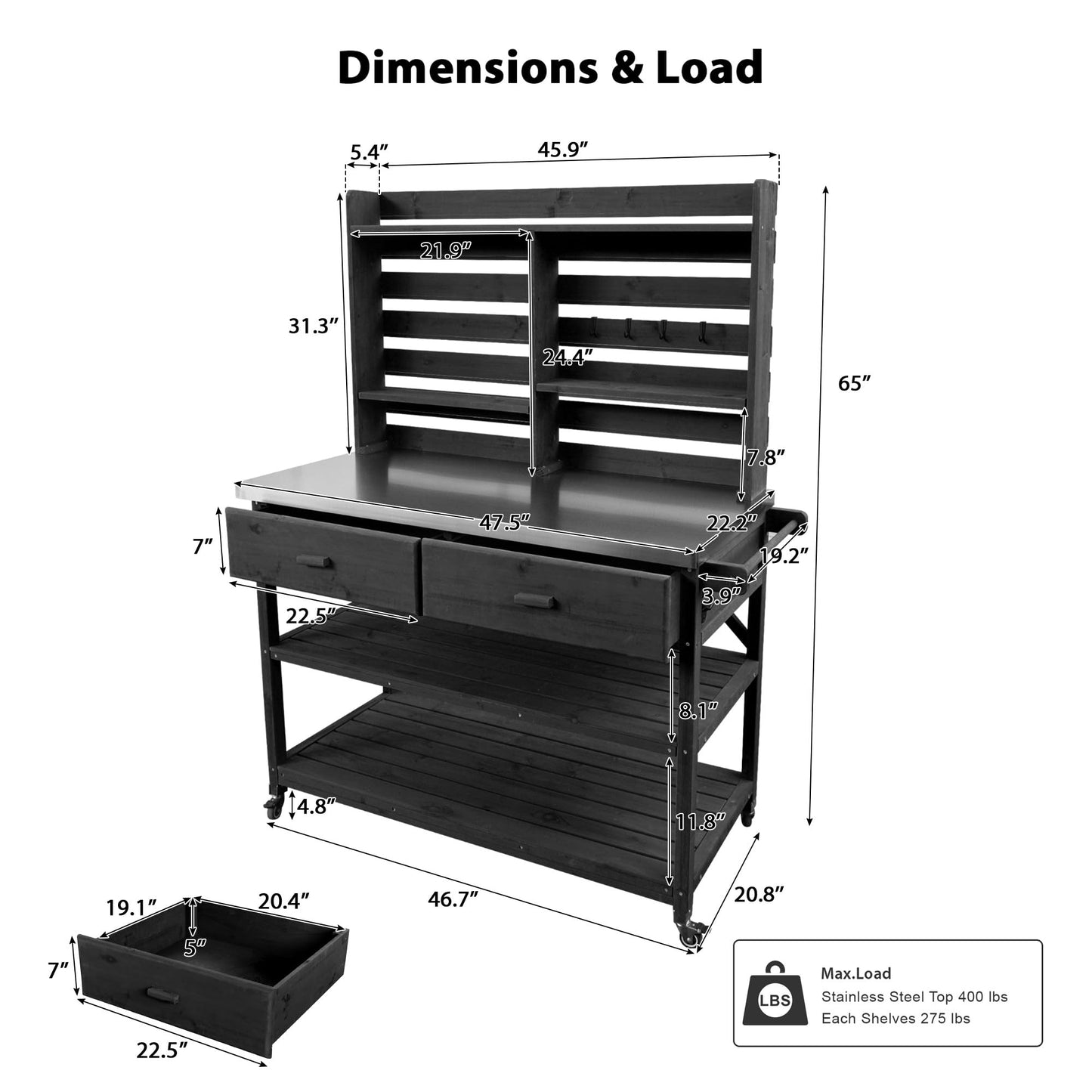 Merax 64.9" H Outdoor Potting Bench Table with Lockable Wheels, Solid Wood Outdoor Kitchen Island with Upper Hutch, Stainless Steel Top, Towel Rack, Outdoor Storage for Grilling, Lawn Garden, Black