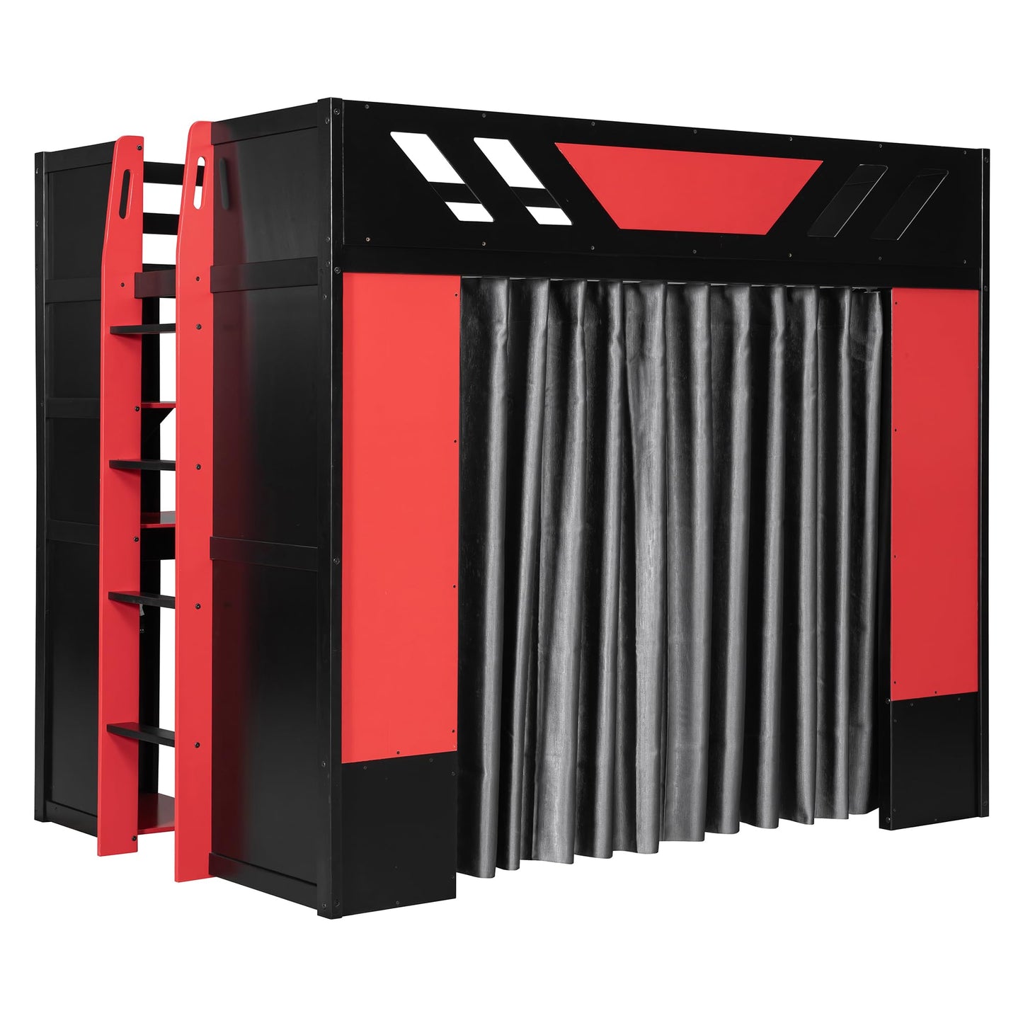 Merax Full Size Loft Bed with Desk and Storage Shelves, Gaming Loft Bed Frame with USB Charging Station and Curtains, Space Saving Loft Bed for Teens Bedroom, Black + Red