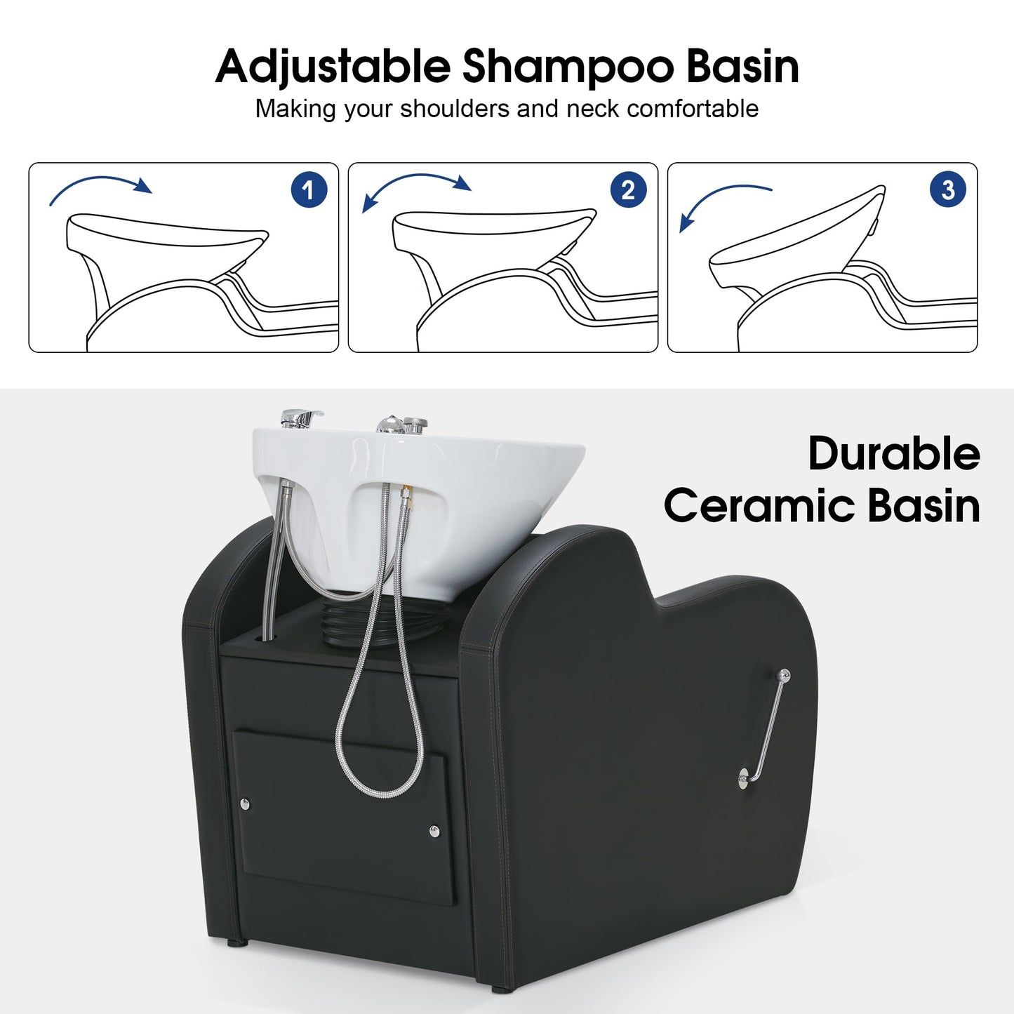 BarberPub Backwash Shampoo Unit with Leg Rest, Adjustable Ceramic Hair Wash Bowl Sink and Chair Set for Salon, Barbershop, Home Salon 9312 (Black)