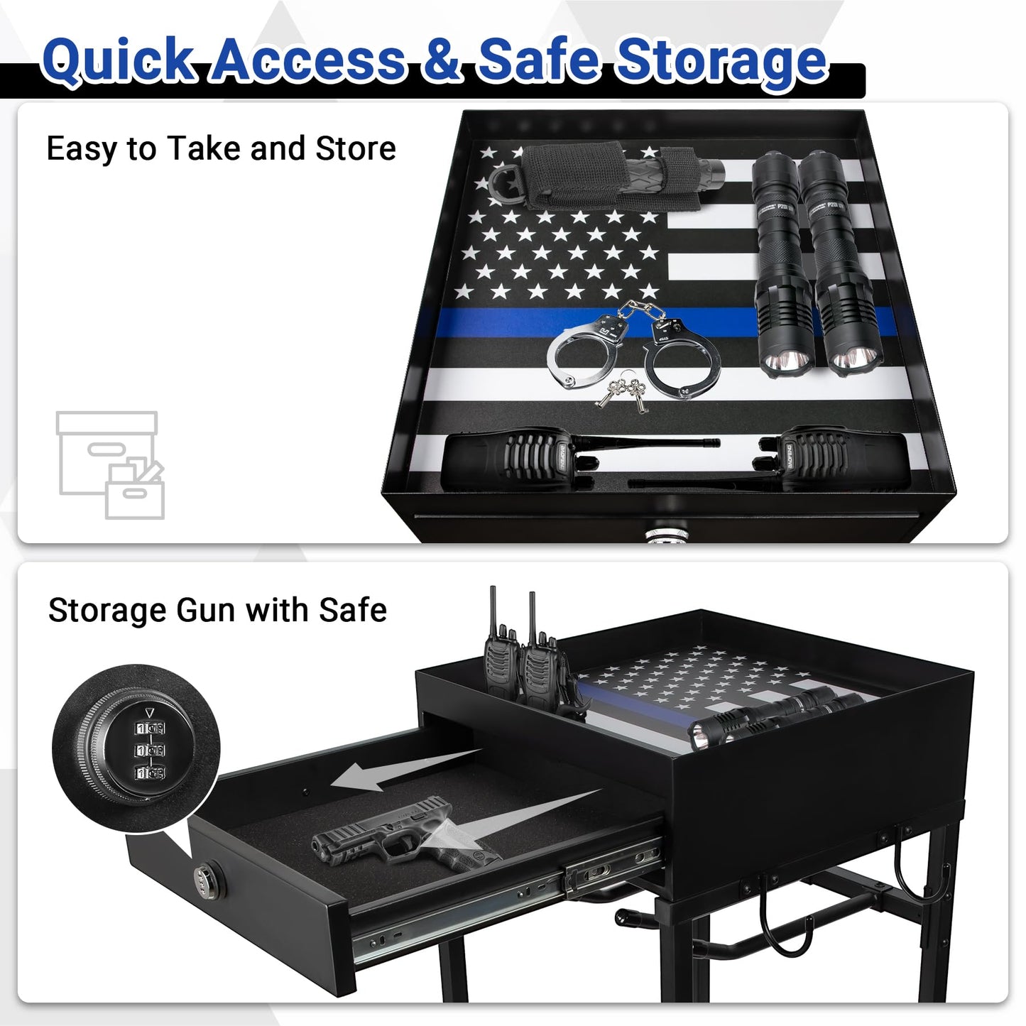 Neoaider Police Gear Stand with Gun Storage 42" x 18" x 18”, Police Hanger with 5 Hooks, Tactical Duty Gear Rack Decor with Thin Blue Line Flag, Black Body Armor Stand for Police Gift