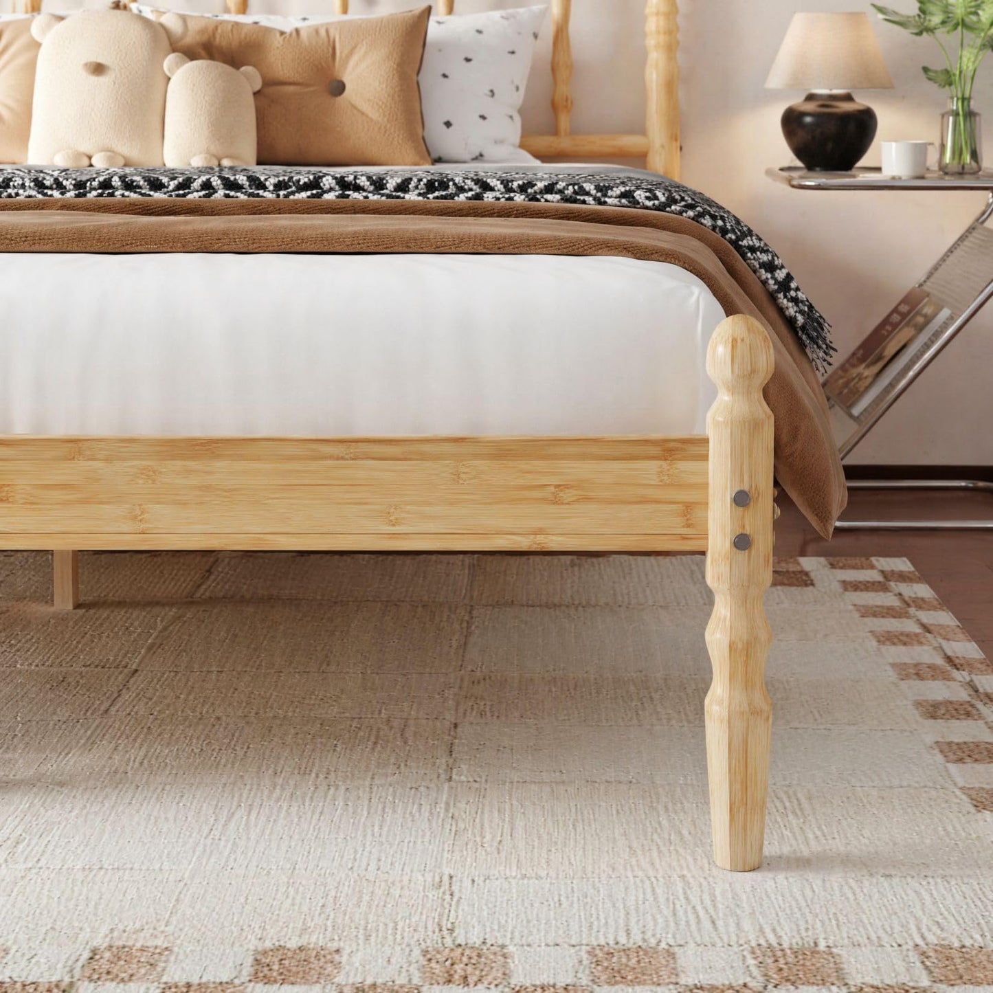 Hunlostten 14 Inch King Size Bed Frame Bamboo with Headboard and Footboard, Wood Platform Bed with Roman Column Design, Heavy Duty Metal Slats Support, No Box Spring Needed, Easy Assembly, Noise Free