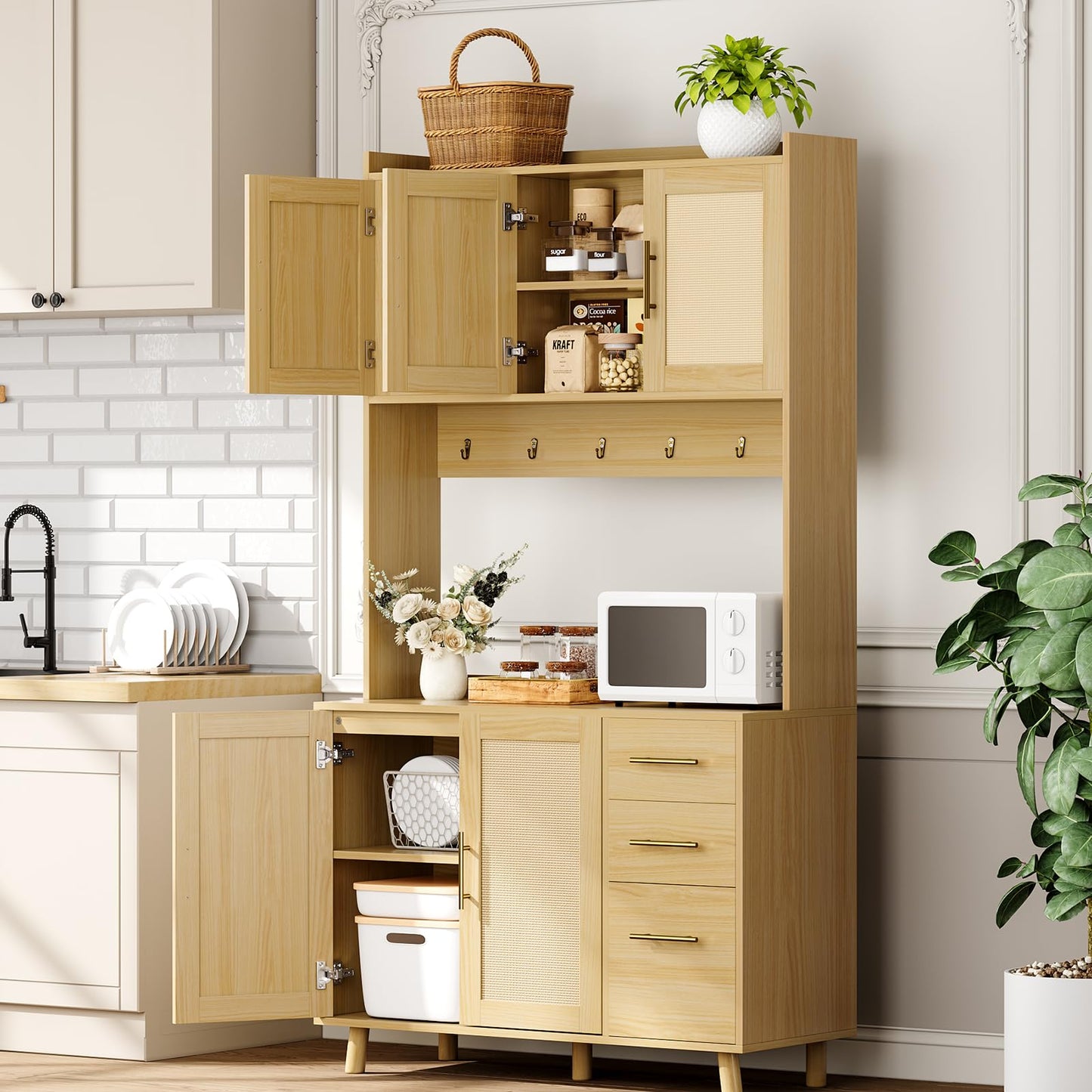 71" Tall Kitchen Pantry Cabinet with Storage, Freestanding Hutch Sideboard Buffet Cabinet with Rattan Door, 3 Drawers, 6 Hooks, Adjustable Shelves, Microwave Stand Countertop for Living Room