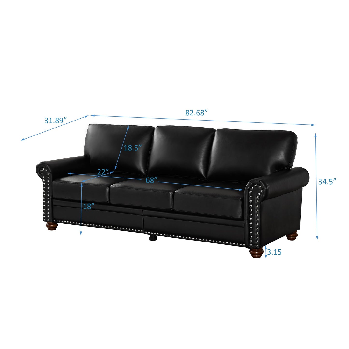 GDFStudio 83" Mid-Century Modern Sofa Couch with Storage, 3 Seater Deep Seat Upholstered Faux Leather Sofa with Nailhead Trim, Rolled Arms & Solid Legs, Comfy Accent Sofa for Living Room, Black