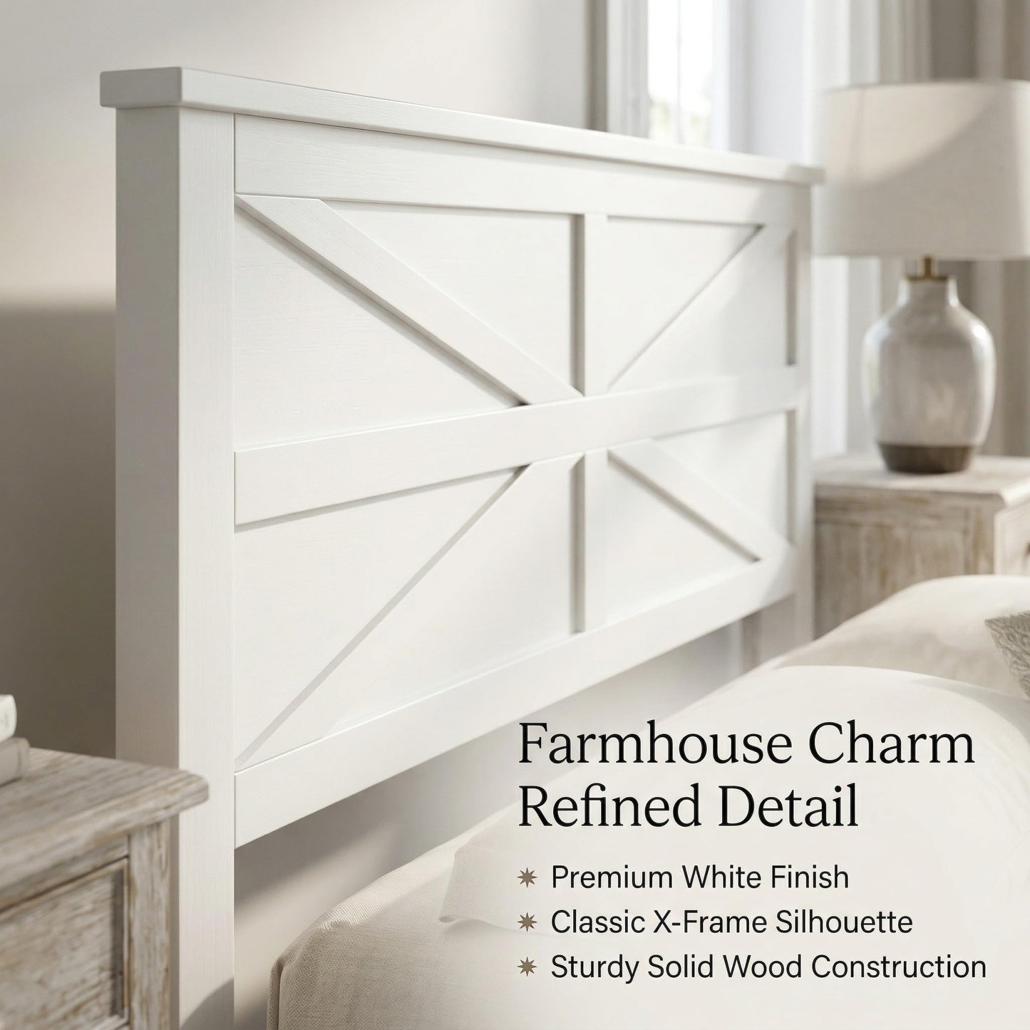 KEIKI Farmhouse Queen Size Platform Bed Frame with Headboard and Footboard, Pinewood Bed Platform with Slat Support, No Box Spring Needed Bedframe, Under-Bed Storage, Barn Door Designed