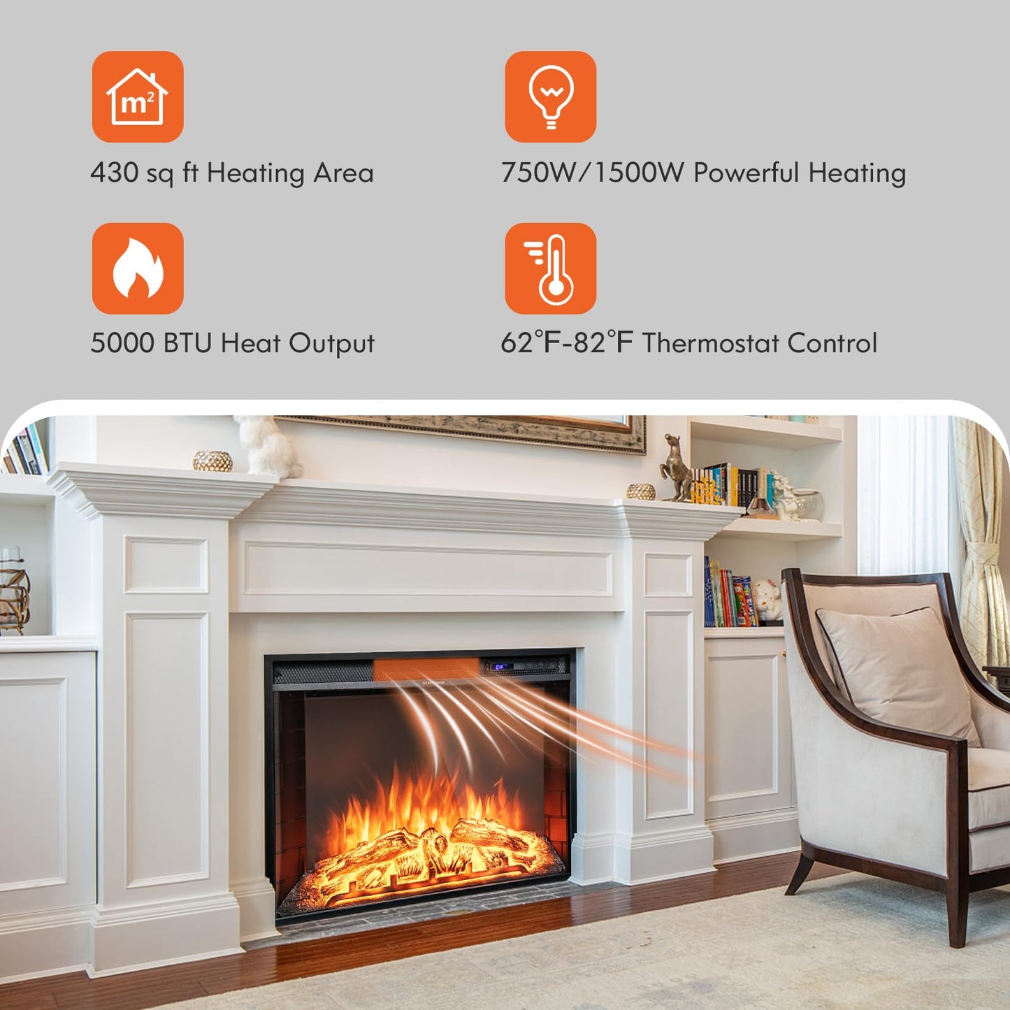Tangkula Recessed Electric Fireplace, 26 Inch Fireplace with Adjustable Flame Brightness, LED Screen & Remote Control with Timer, Overheating Protection, 750W/1500W Fireplace Heater