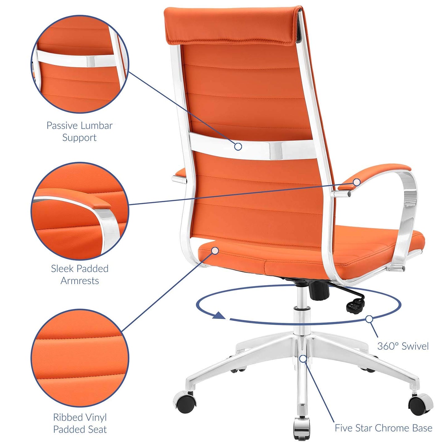 Modway Jive Ribbed High Back Tall Executive Swivel Office Chair With Arms In Orange