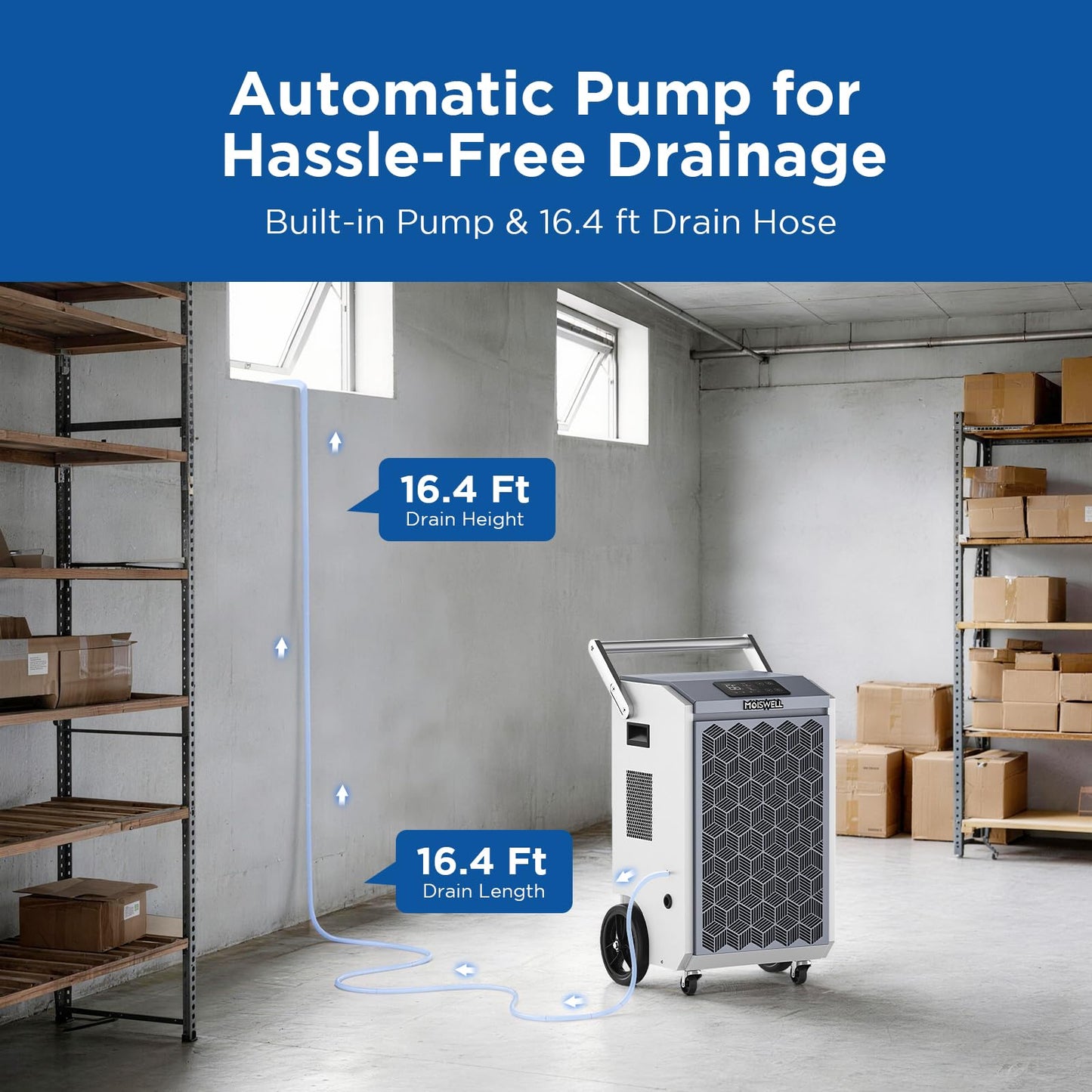 Moiswell 200 Pints Commercial Dehumidifier with Pump and Drain Hose for Basements, Heavy Duty Commercial Grade Dehumidifiers for Large Spaces, Warehouse, Industry Water Damage Unit, Auto Defrost
