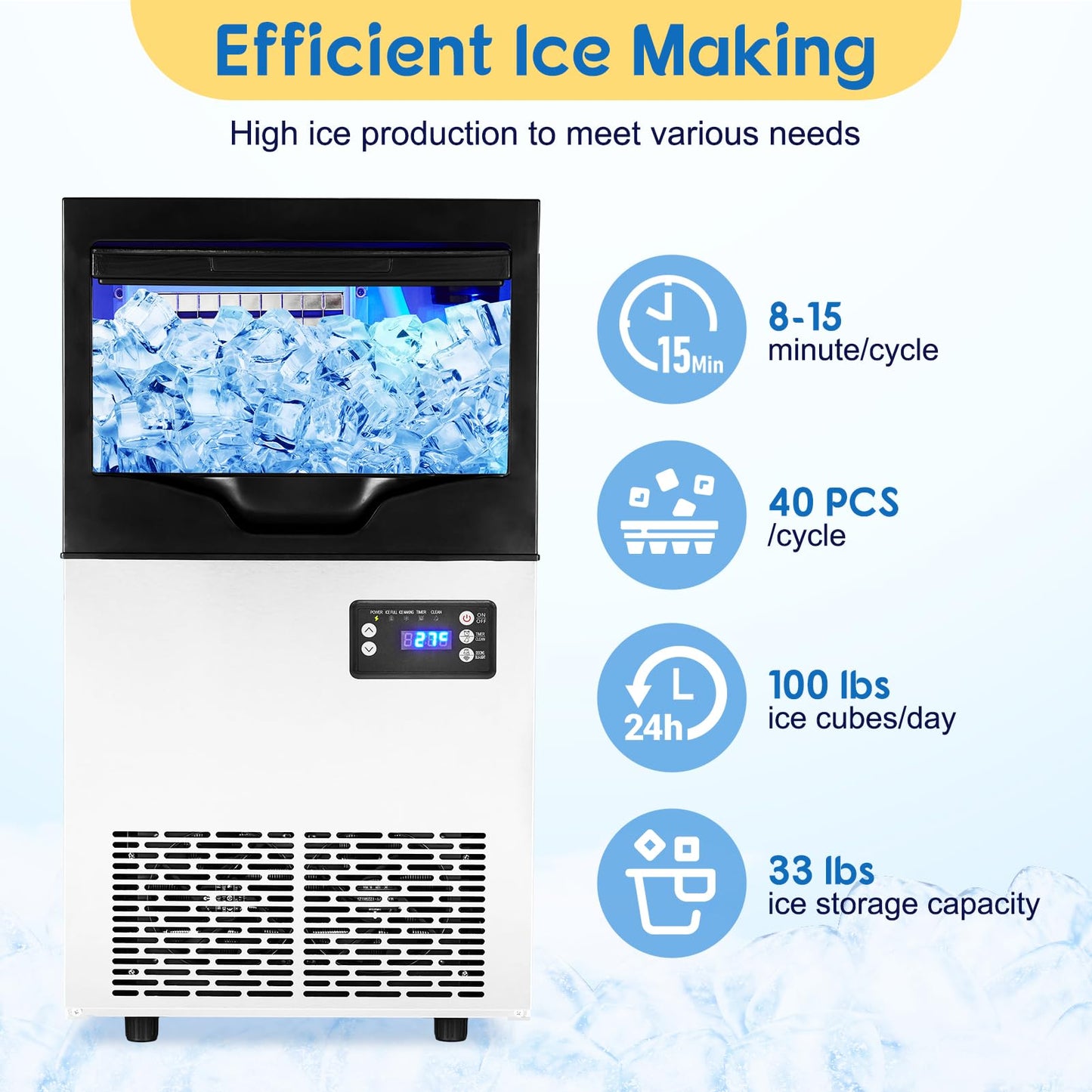 Commercial Ice Maker Machine 77LBS/24H, Stainless Steel Under Counter Ice Machine with 22LBS Ice Storage Capacity, Auto-Cleaning, 5x8 Ice Grid for Bar Restaurant Cafe Office Home, 110V 195W