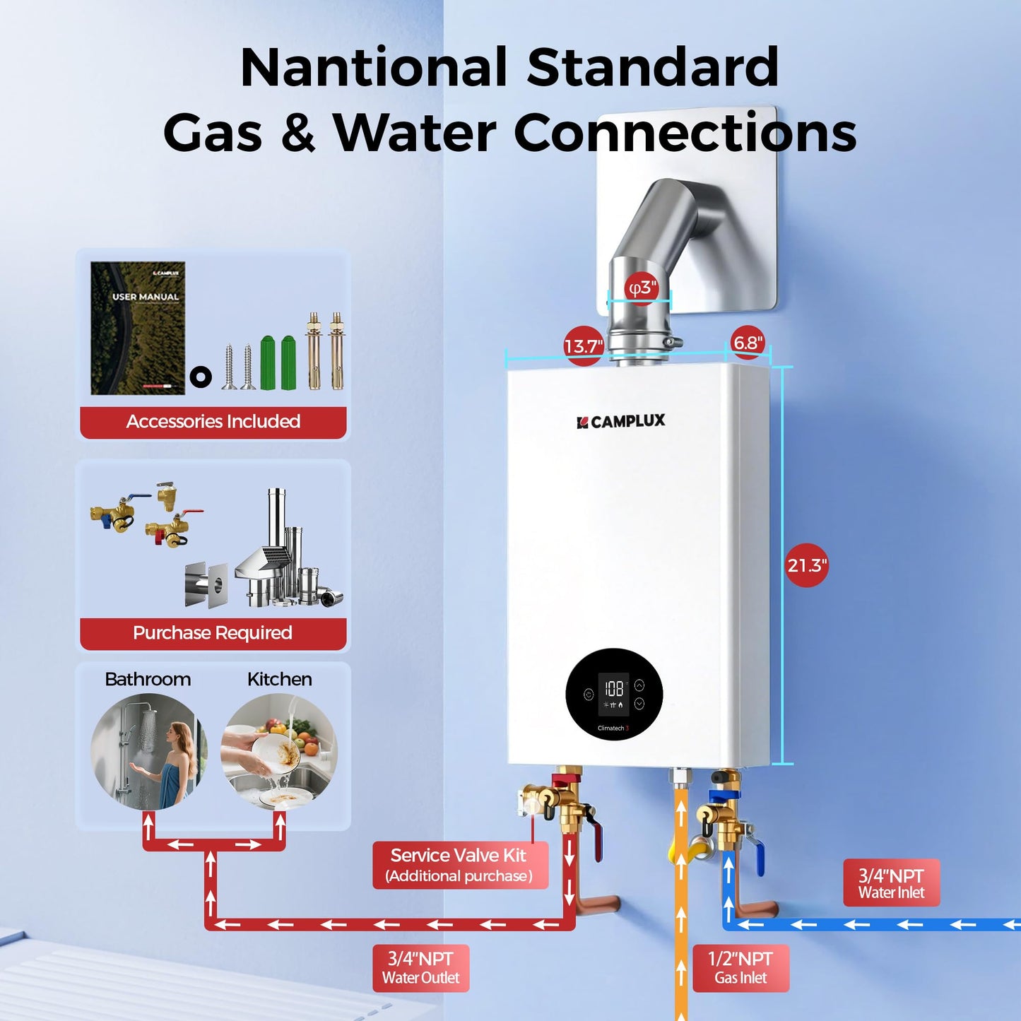 CAMPLUX Climatech 3 Tankless Water Heater Propane 102,000 BTU, 4.22 GPM Propane Tankless Water Heaters Indoor, High Efficiency On Demand Propane Water Heater for 3-4 Outlets, CX422