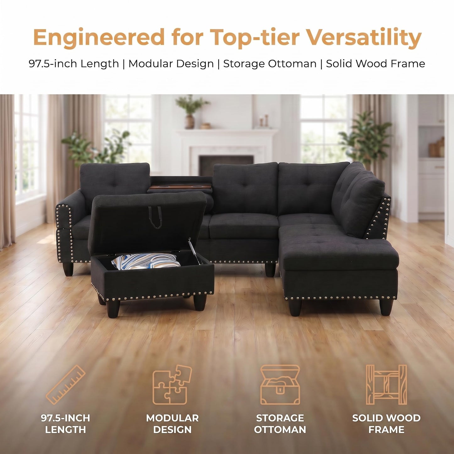 Trygoal 97.5" Linen L Shaped Couch with Right Chaise & Cup Holder, Sectional Sofas Modular Furniture Set with Storage Ottoman, Convertible Couches for Living Room, Small Space & Office (Black)