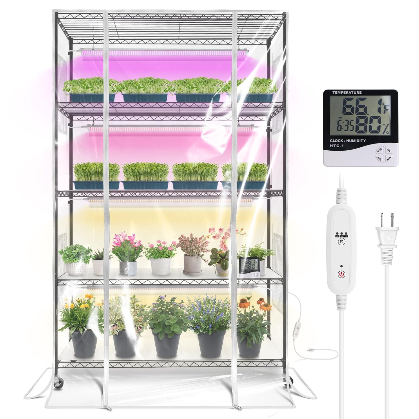 Bstrip Indoor Greenhouse with Grow Light, 5-Tier 47.2"x17.8"x71" Metal Plant Cabinet with Timer & Cover, 4 x 36W Full Spectrum LED Grow Light (3 Color Modes), Seed Starting Trays for Indoor Gardening