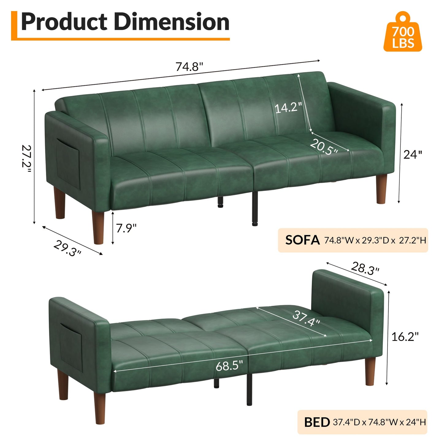 75 in Futon Sofa Bed, Faux Leather Convertible Couch with Adjustable Backrest, Side Pocket, Mid Century Modern Loveseat Sleeper Sofa for Living Room, Bedroom, Apartment, Small Spaces, Green