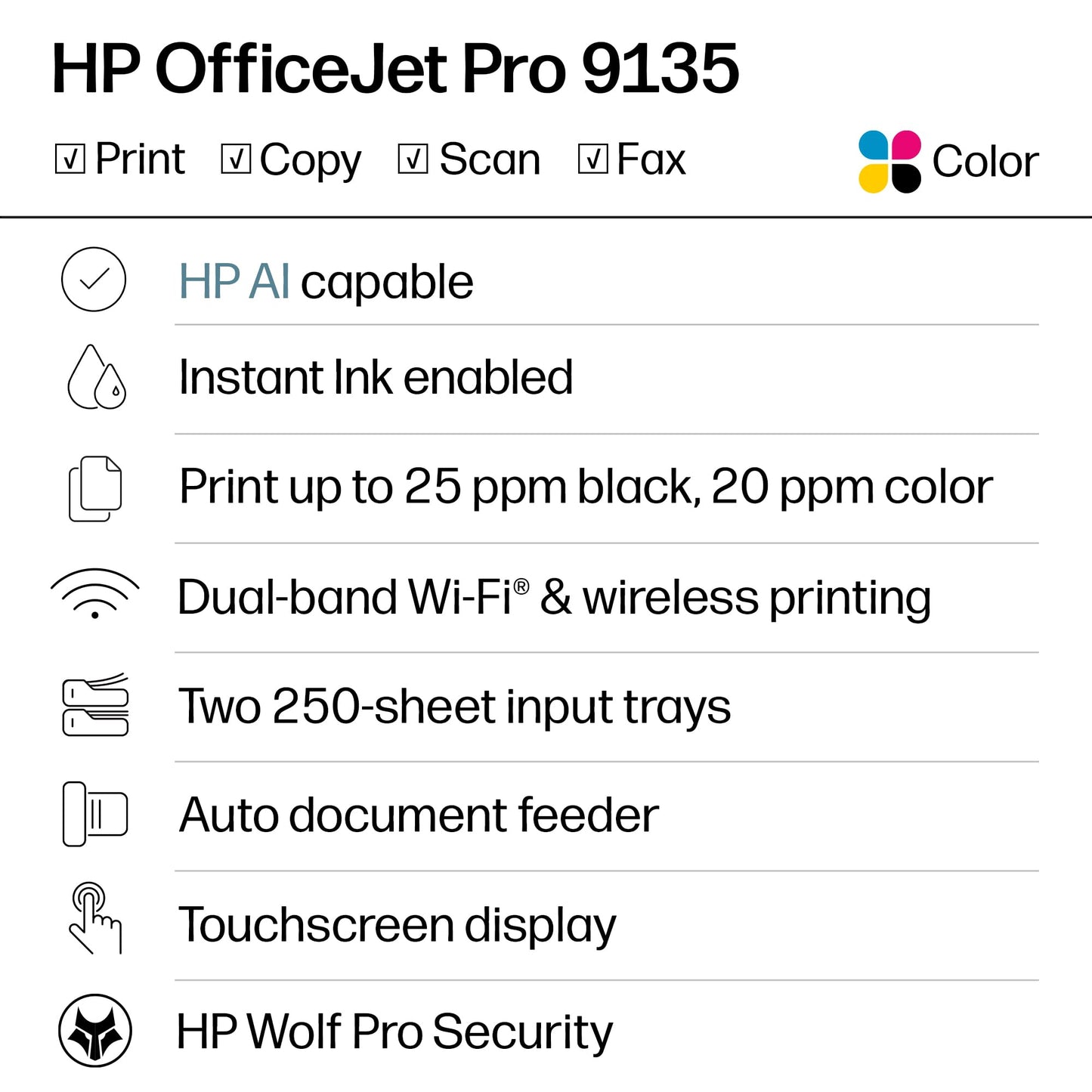 HP OfficeJet Pro 9135 Wireless All-in-One Color Inkjet Printer, Print, Scan, Copy, Fax, ADF, Duplex Print/scan, Best-for-Office, 3 Month Trial of Instant Ink Included, AI-Capable (C2WM0A)