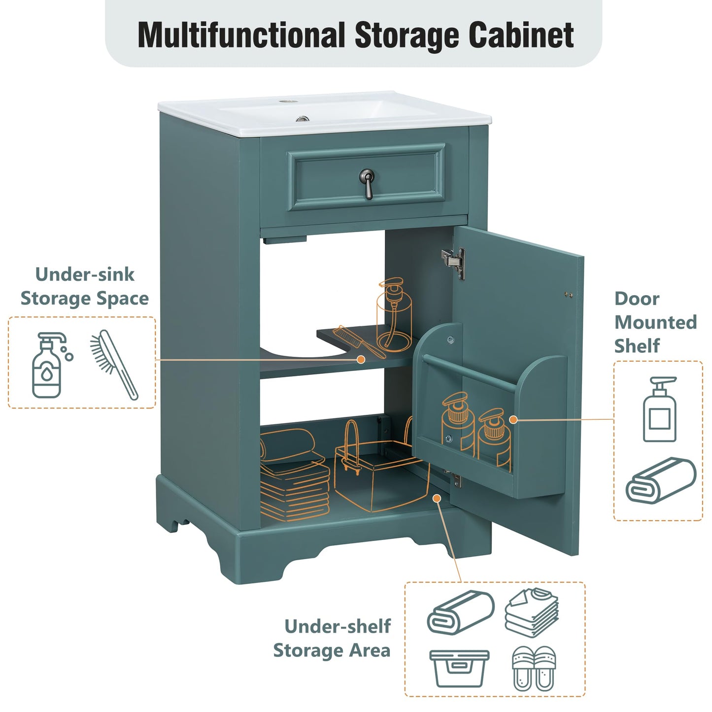 Merax Modern 20'' Bathroom Vanity with Single Sink Combo, Solid Wood Bathroom Storage Cabinet with Soft Close Door & Adjustable Shelf, Freestanding Vanities Set with Door-Mounted Storage Rack, Green