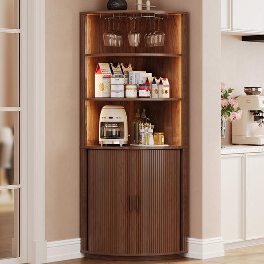 72" Tall Corner Bar Cabinet, Fluted Wine Cabinet with LED Lights, Mid-Century Modern Wine Bar with Sliding Door & Glass Holder, Coffee Bars Station for Living Room, Walnut
