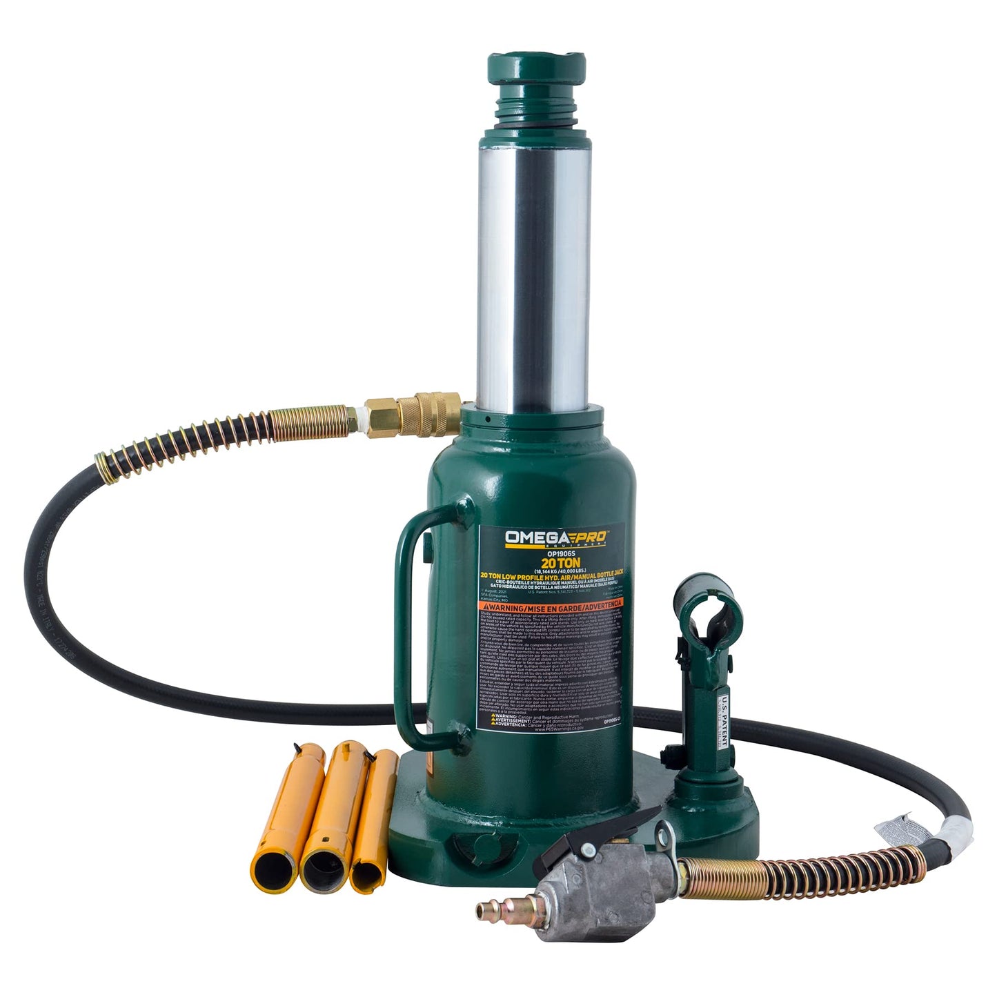 Omega Pro Air Hydraulic Bottle Jack - Low Profile with Manual Hand Pump for Heavy Duty Auto Truck Repair - 20 Ton Capacity, Green (OP1906S)