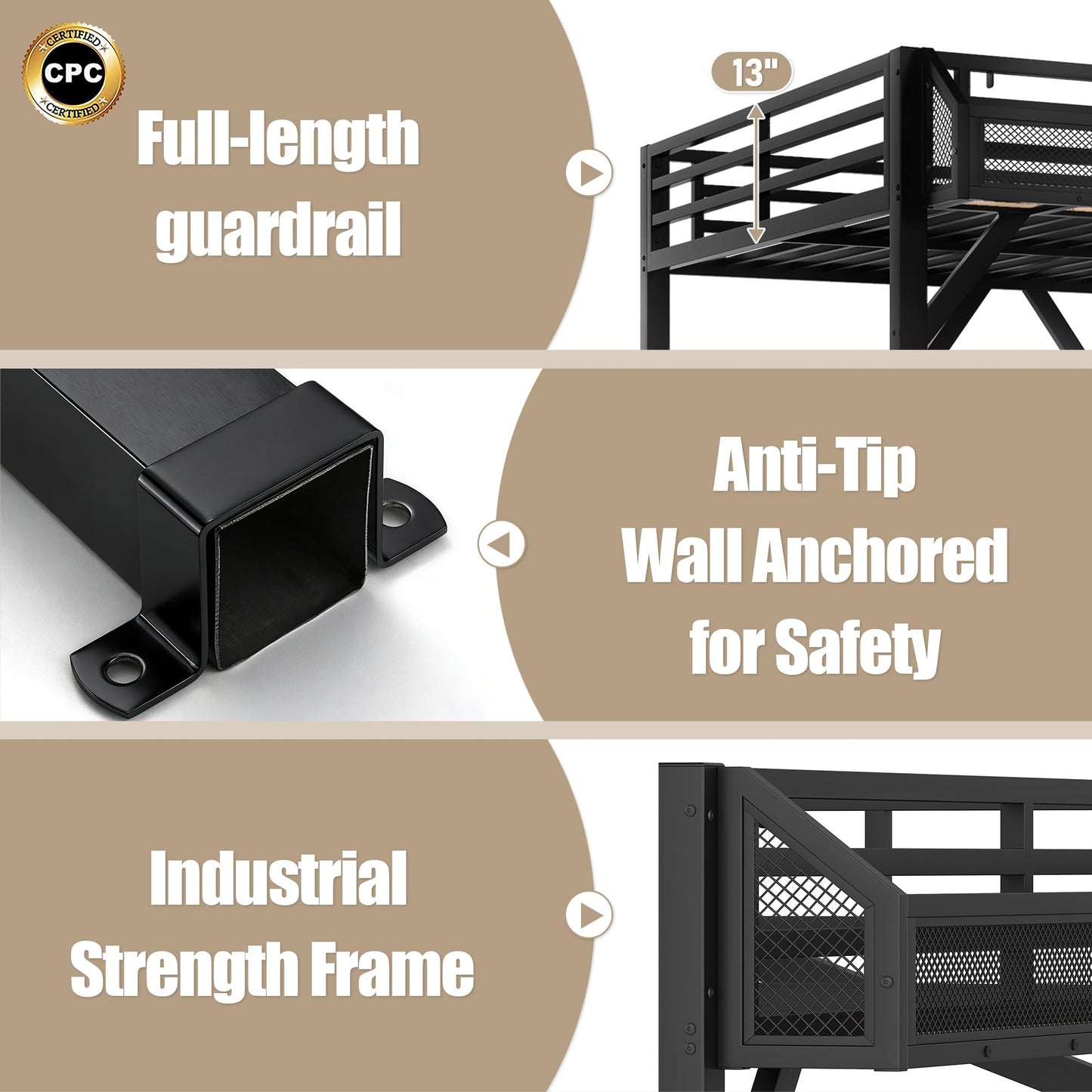 Bellemave Twin XL Loft Bed Frame with Storage Stairs, Beside Shelf & Wardrobe, Metal Loft Bed Twin XL with USB Ports & LED Light, Large Under-Bed Space Loft Beds for Adults, Teens, Kids, Black Natural