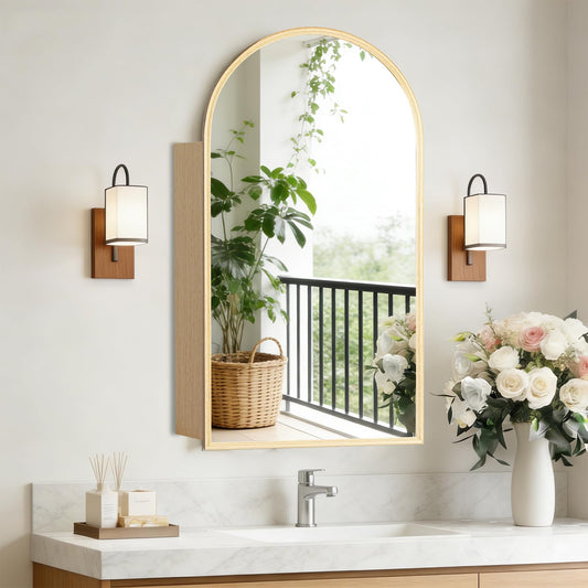 GKCXOIUA 24x36'' Arched Medicine Cabinet with Mirror,Rust-Proof Aluminum, Recessed & Surface Mount Bathroom Mirror with Storage, Suitable for Bathroom Bedroom Cloakroom(Yellowish Wood Color)