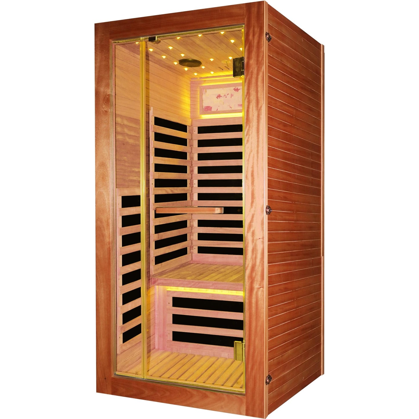 YJSPSSW Single-Person Sauna Room – Compact Infrared Heat Therapy Cabin with 7 Heating Plates, Starry Sky LED & Oguman Wood Design (900x900x1800mm)