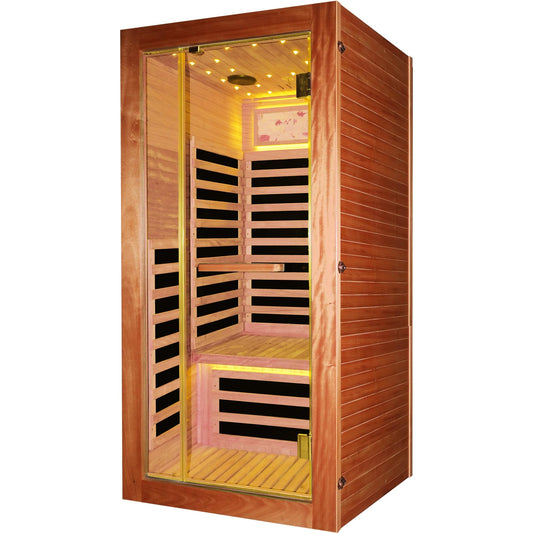 YJSPSSW Single-Person Sauna Room – Compact Infrared Heat Therapy Cabin with 7 Heating Plates, Starry Sky LED & Oguman Wood Design (900x900x1800mm)