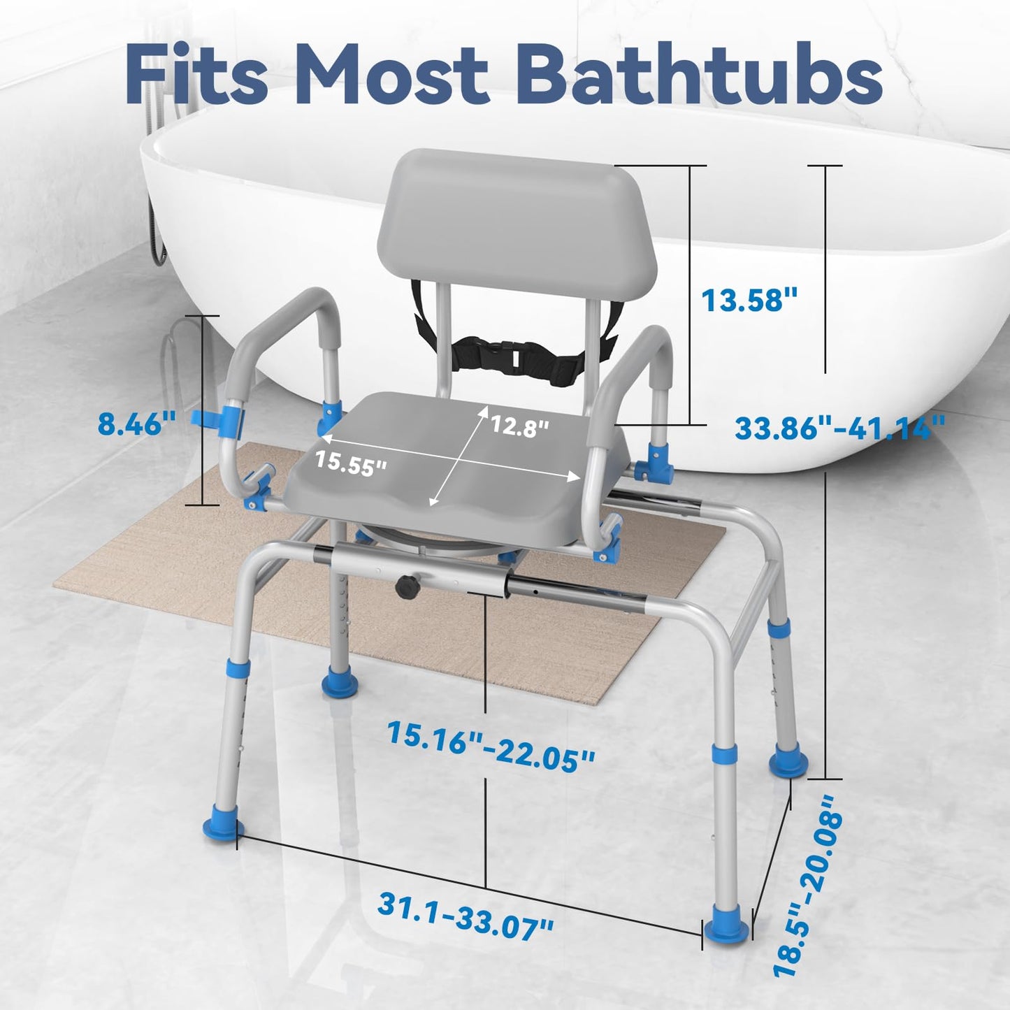 FSA/HSA Eligible Sliding Shower Chair Tub Transfer Bench for Bathtub with Swivel Seat, Padded Shower Bench with Pivoting Arms, Height Adjustable Shower Seat, 350 lbs, Gray, Standard