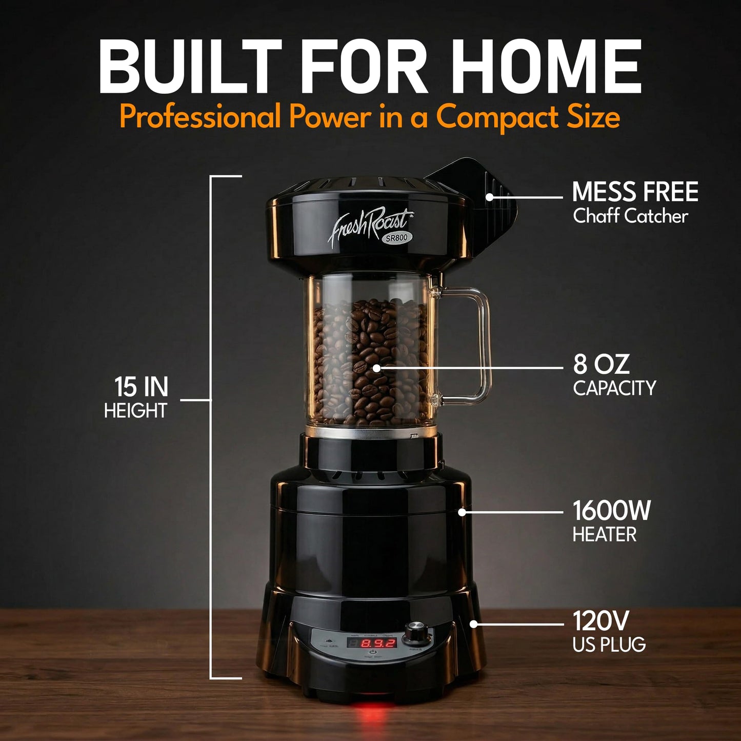 Fresh Roast SR800 Coffee Roaster – Roast Coffee at Home – Variable Heat and Fan Control – Digital Display – Roasts 6–8 oz (170–226g) Per Batch – Easy to Use – Fast Roast Time