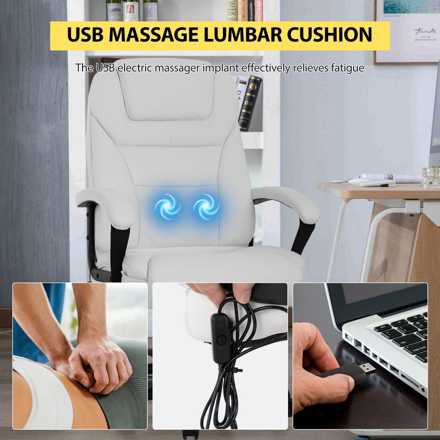 Big and Tall 500lbs Wide Seat Ergonomic Desk Chair with Lumbar Support Arms Headrest Massage Office Chair Rolling Swivel PU Leather Task Computer Chair for Adults (White)