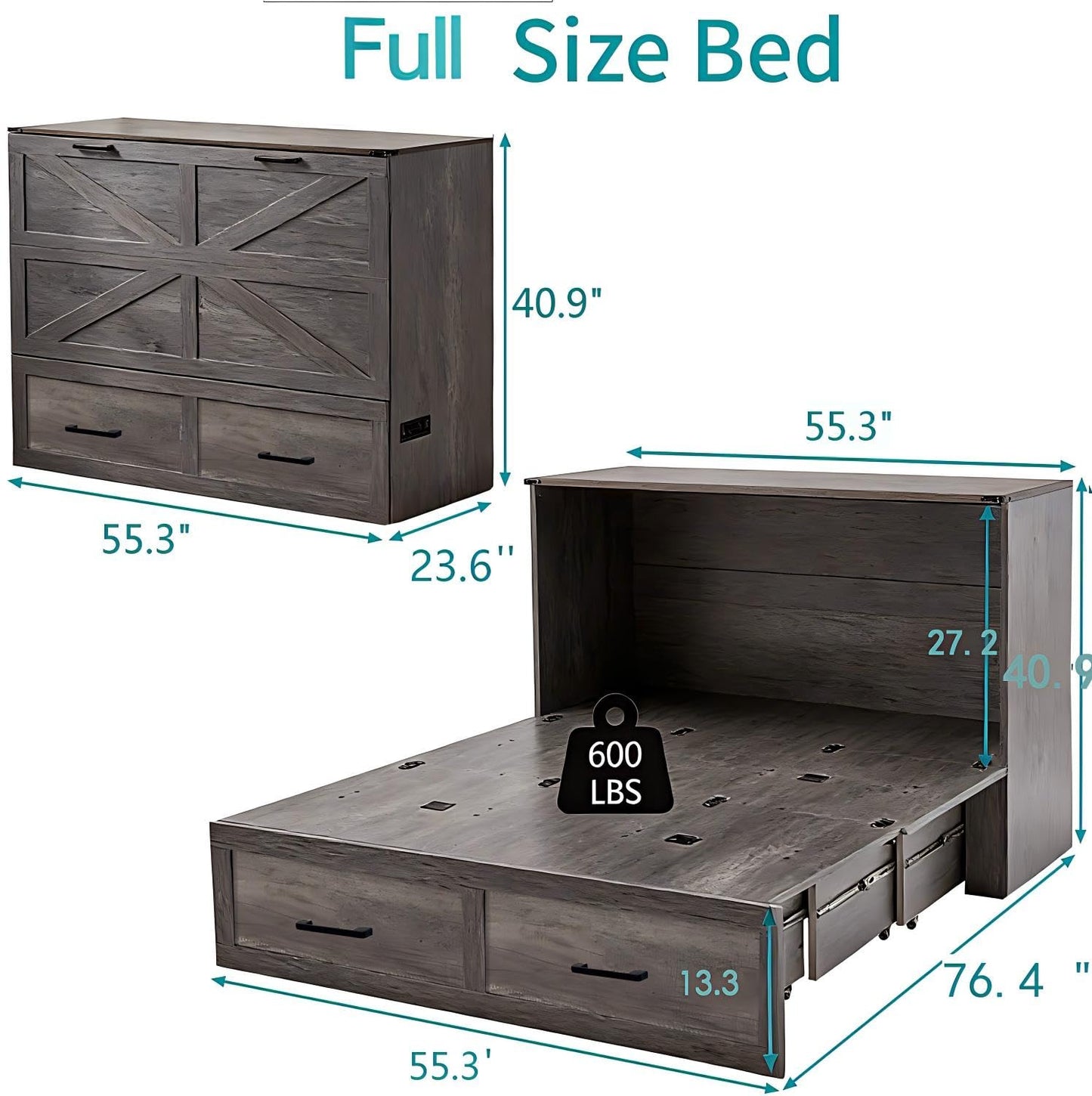 UYIHOME Full Murphy Bed Cabinet with Charging Station and Storage, Farmhouse Foldable Platform Bed for Guest Bedroom,Home Office Bed Frame with Storage,Rustic Grey (Full Size)