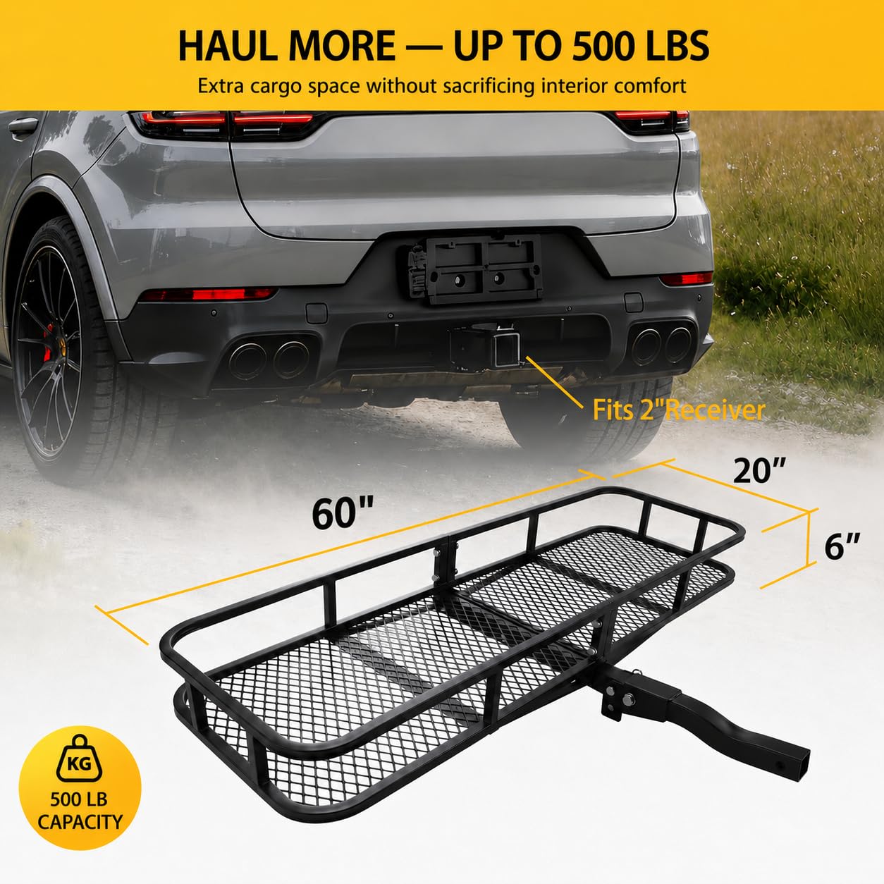 Hitch Cargo Carrier with Waterproof Bag, 60" x 20" x 6" Trailer Hitch Cargo Basket, 500 lbs Capacity Rear Luggage Rack with Cargo Net & Ratchet Straps, Fits 2" Hitch Receiver for SUV, Truck, Pickup