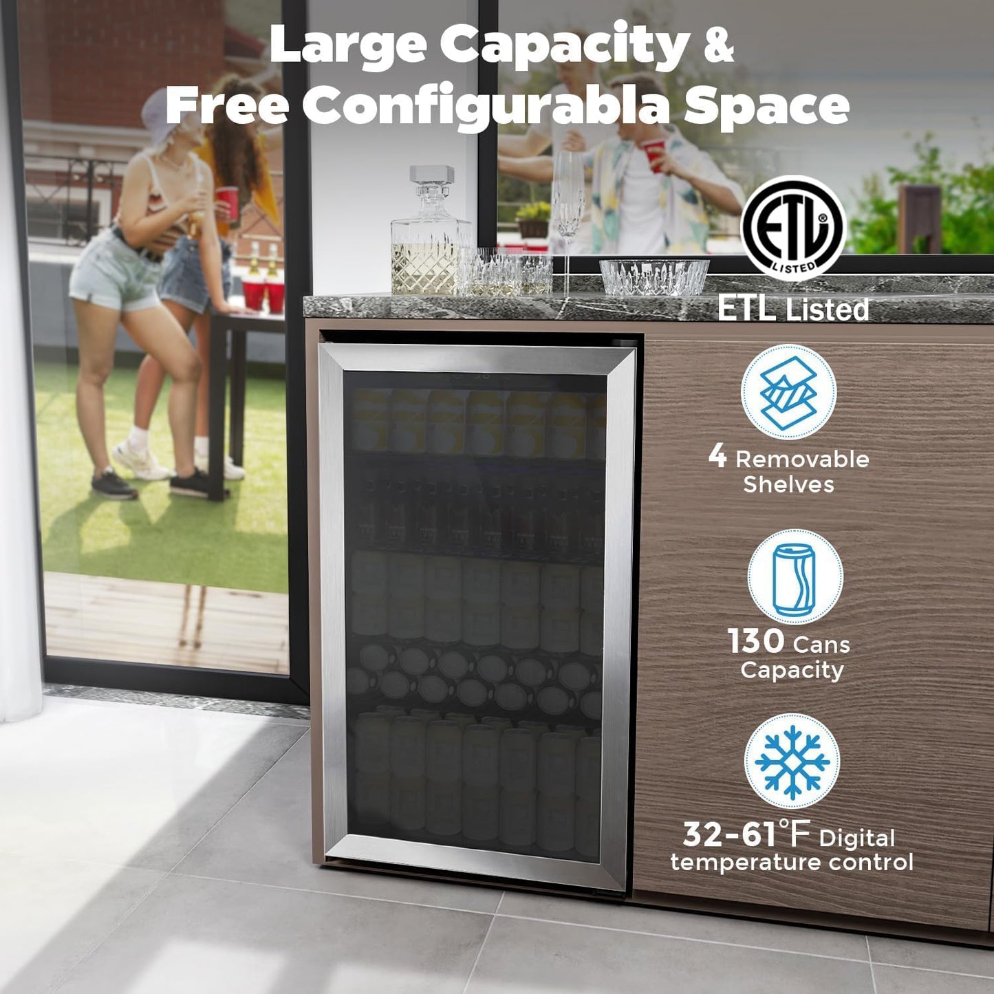 COWSAR Wine Cooler, 26 Bottle 130 Can Beverage Refrigerator, ETL Approved Mini Drink Fridge Clear Glass Door Quiet Compressor Adjust Temp 3.2 Cu.Ft Wine Fridge for Soda Beer
