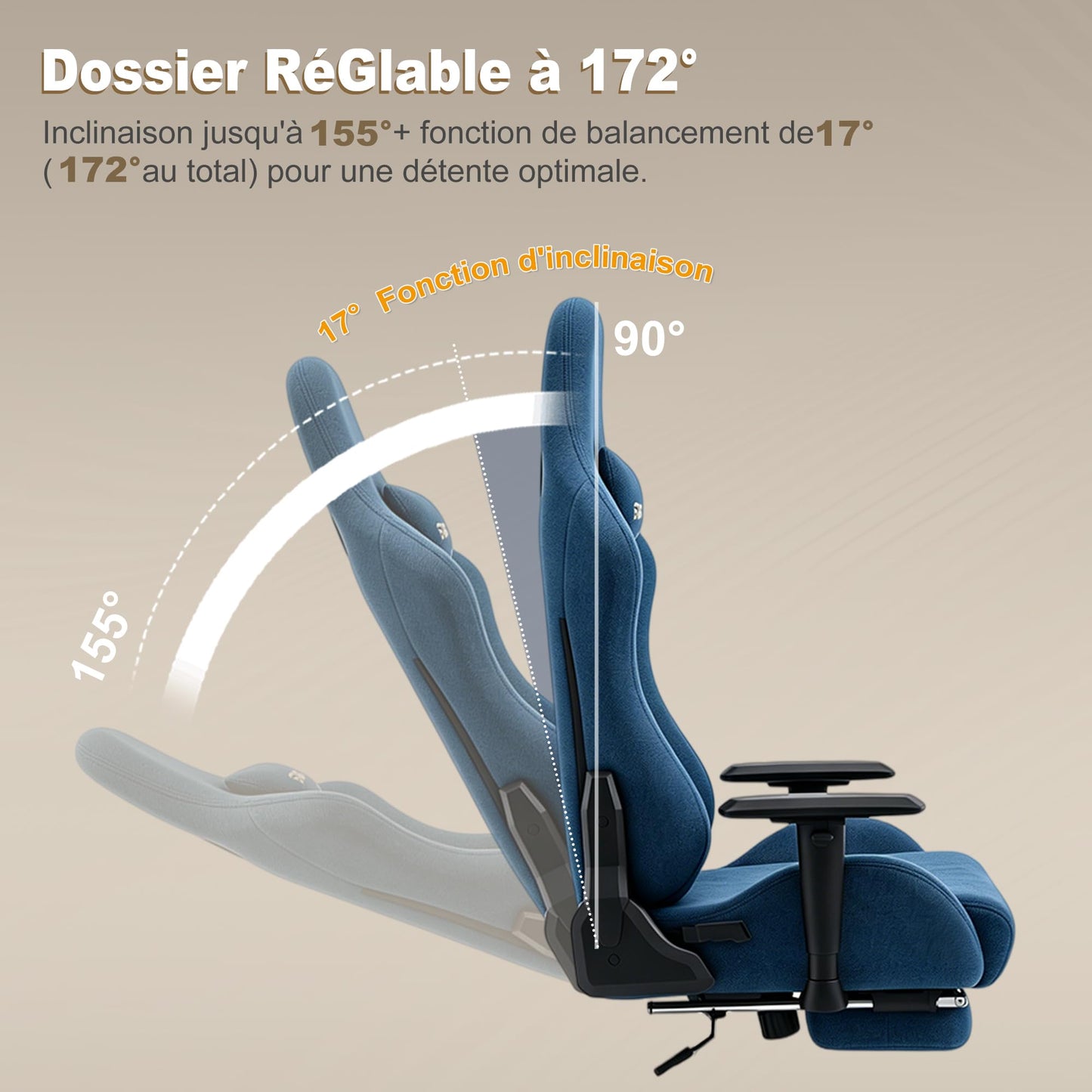 Symino Gaming Chair, Ergonomic Office Chair with 2D Armrests, 150° Recline, Breathable Faux Suede Fabric, Adjustable Headrest, Computer Desk Chair for Home Office, with Footrest, Blue